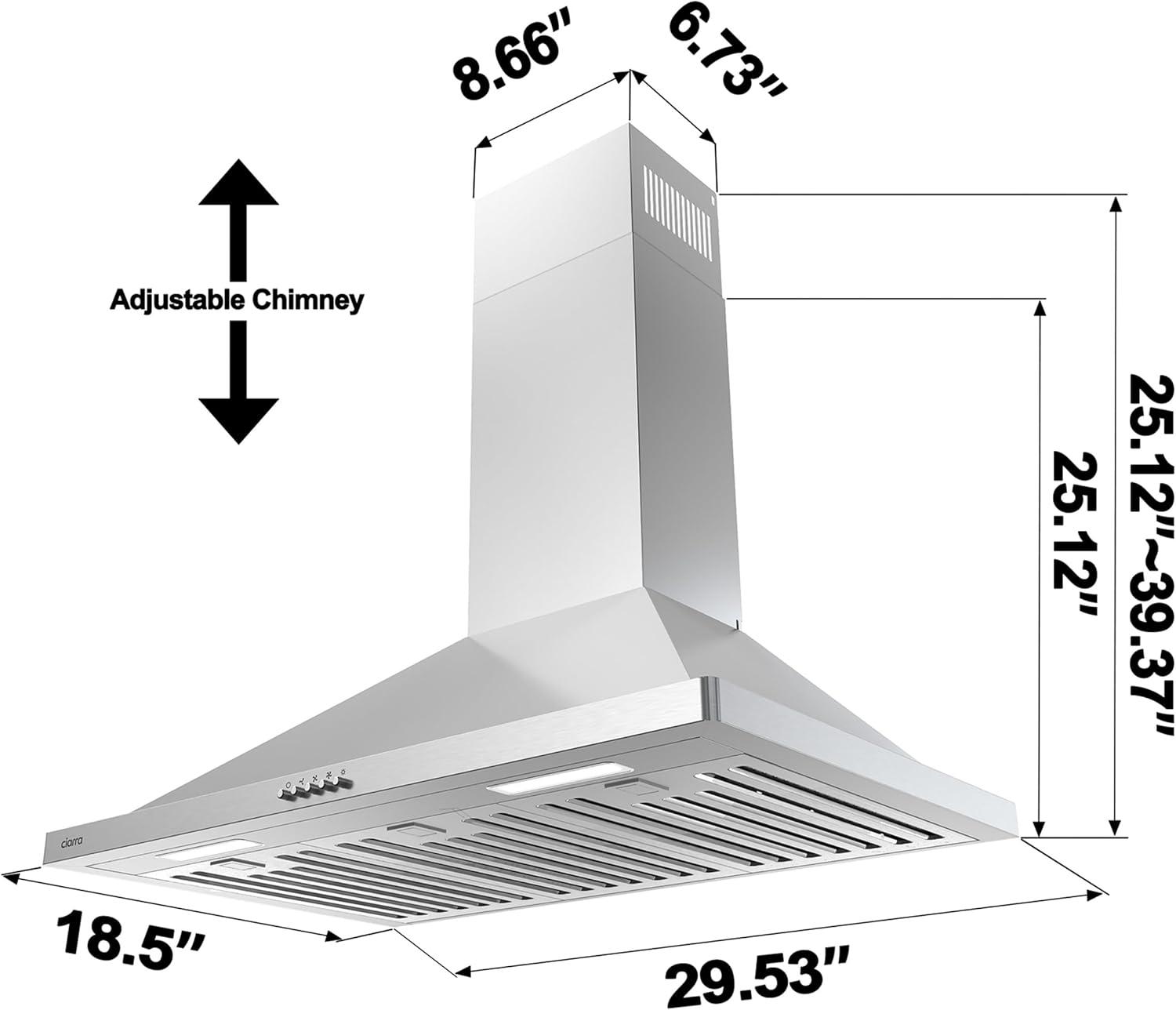 CIARRA Range Hood 30 inch Wall Mount Chimney Hood Range 450 CFM Ducted and Ductless Kitchen Hood Vent in Stainless Steel, CAS75302