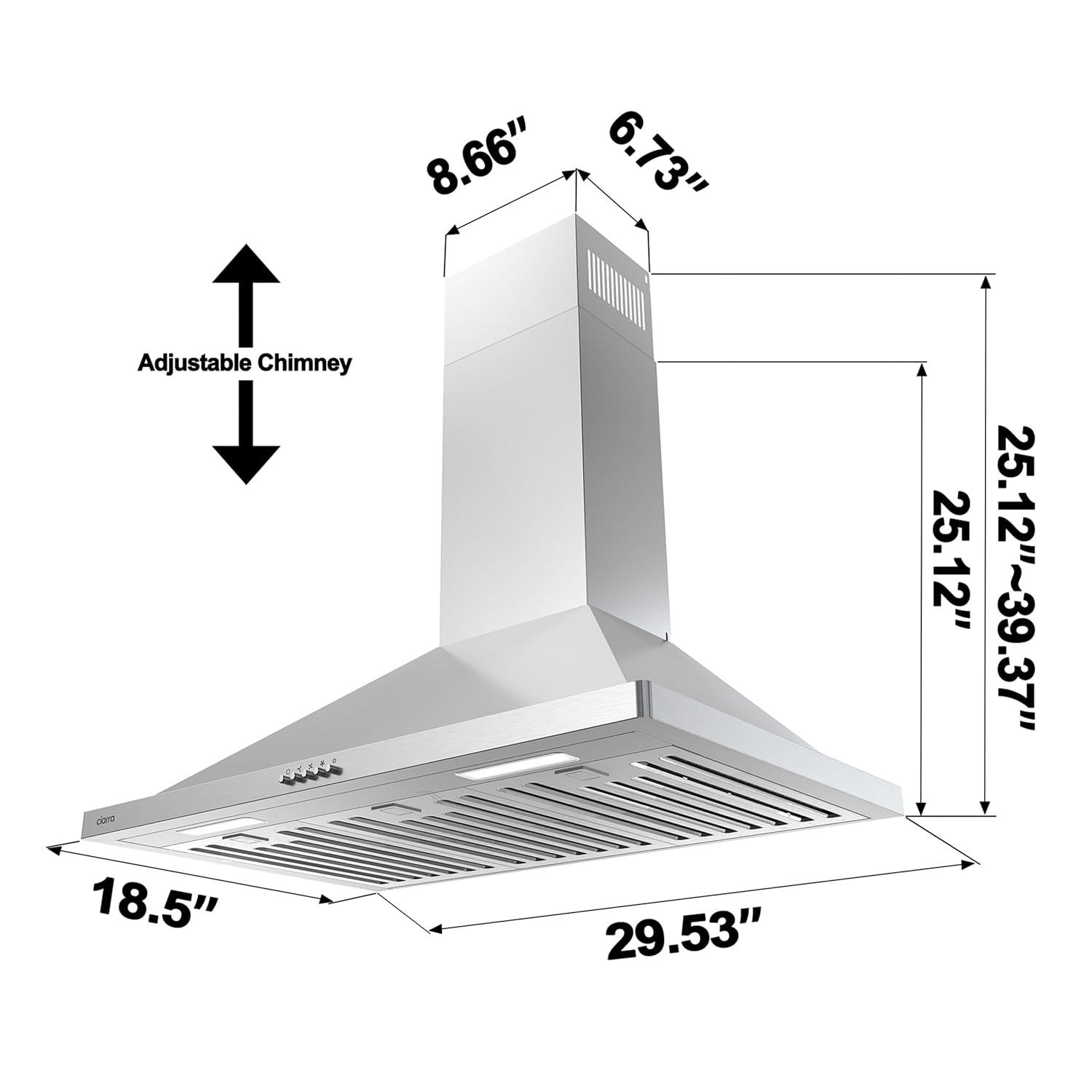 CIARRA Range Hood 30 inch Wall Mount Chimney Hood Range 450 CFM Ducted and Ductless Kitchen Hood Vent in Stainless Steel, CAS75302