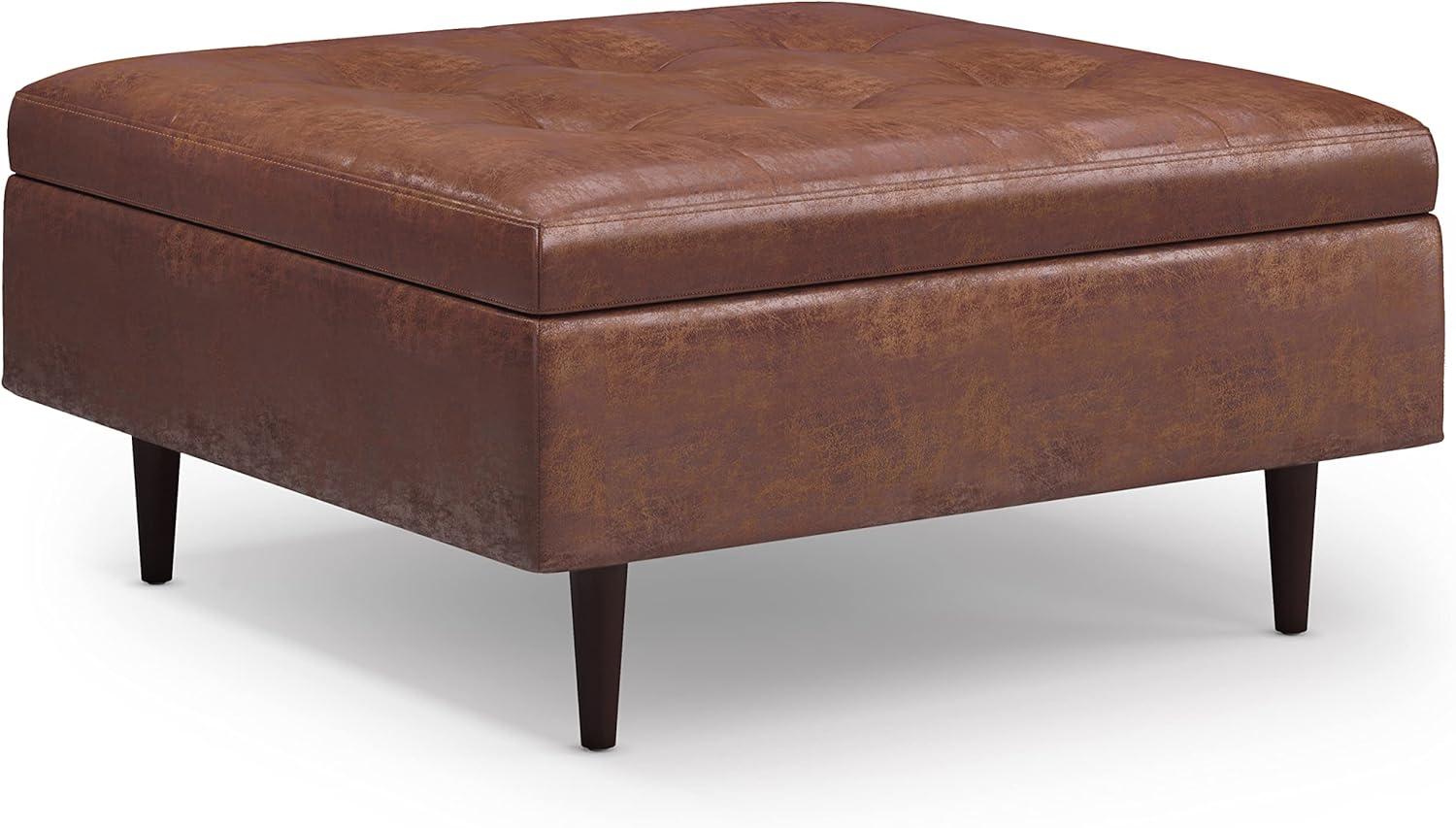Simpli Home Shay 38 inch Wide Mid Century Modern Square Mid Century Large Square Coffee Table Storage Ottoman in Distressed Saddle Brown Vegan Faux Leather