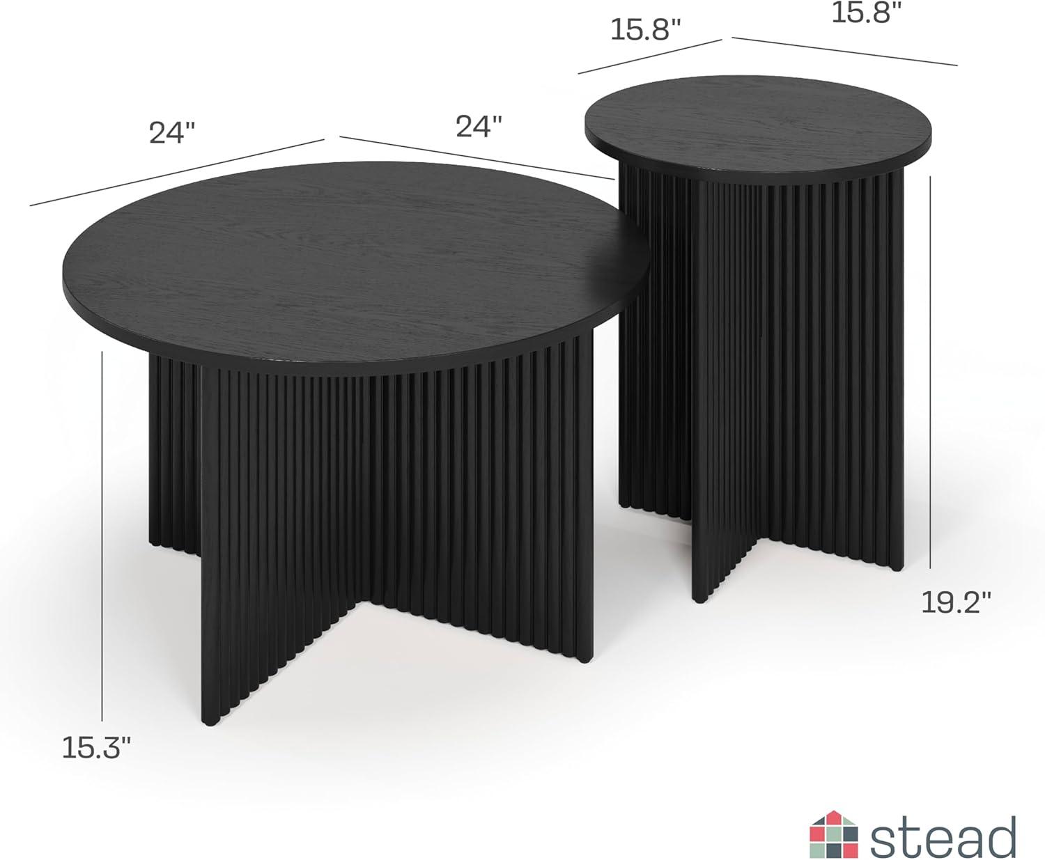 Stead Round Fluted Nesting Coffee Table - 2 Piece Modern Coffee Table Set - Solid Wood Base (Blackened Oak)