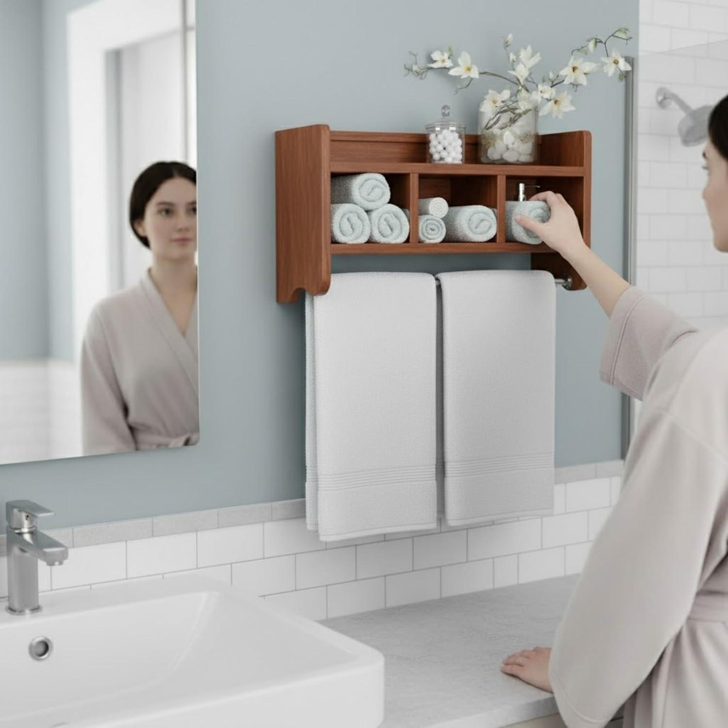 25" Bath Storage Shelf with Towel Rod, Chestnut