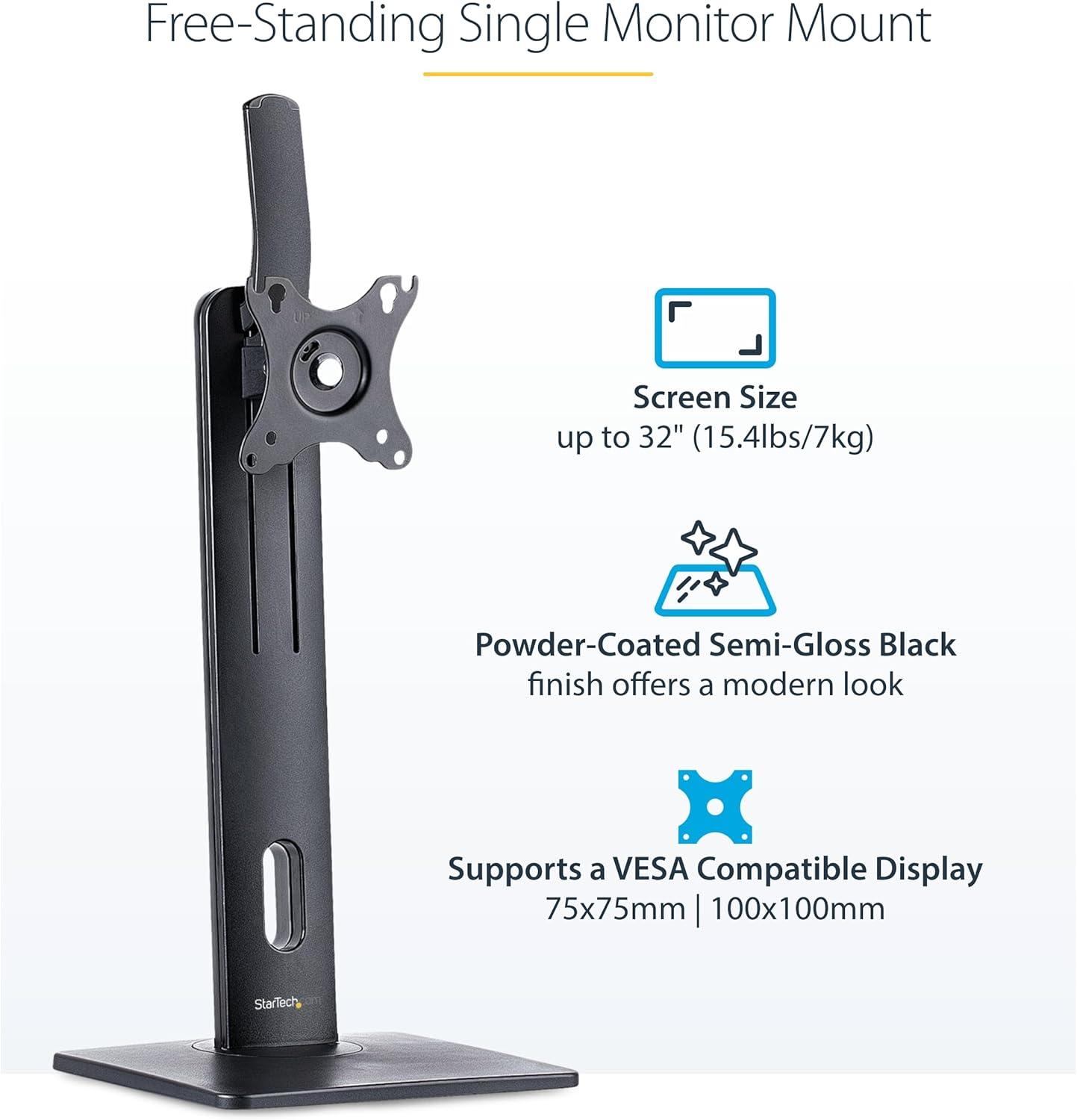 StarTech Free Standing Single Monitor Mount - Height Adjustable Monitor Stand - For VESA Mount Displays up to 32" (15lb/7kg) - Ergonomic Monitor Stand for Desk - Tilt/Swivel/Rotate
