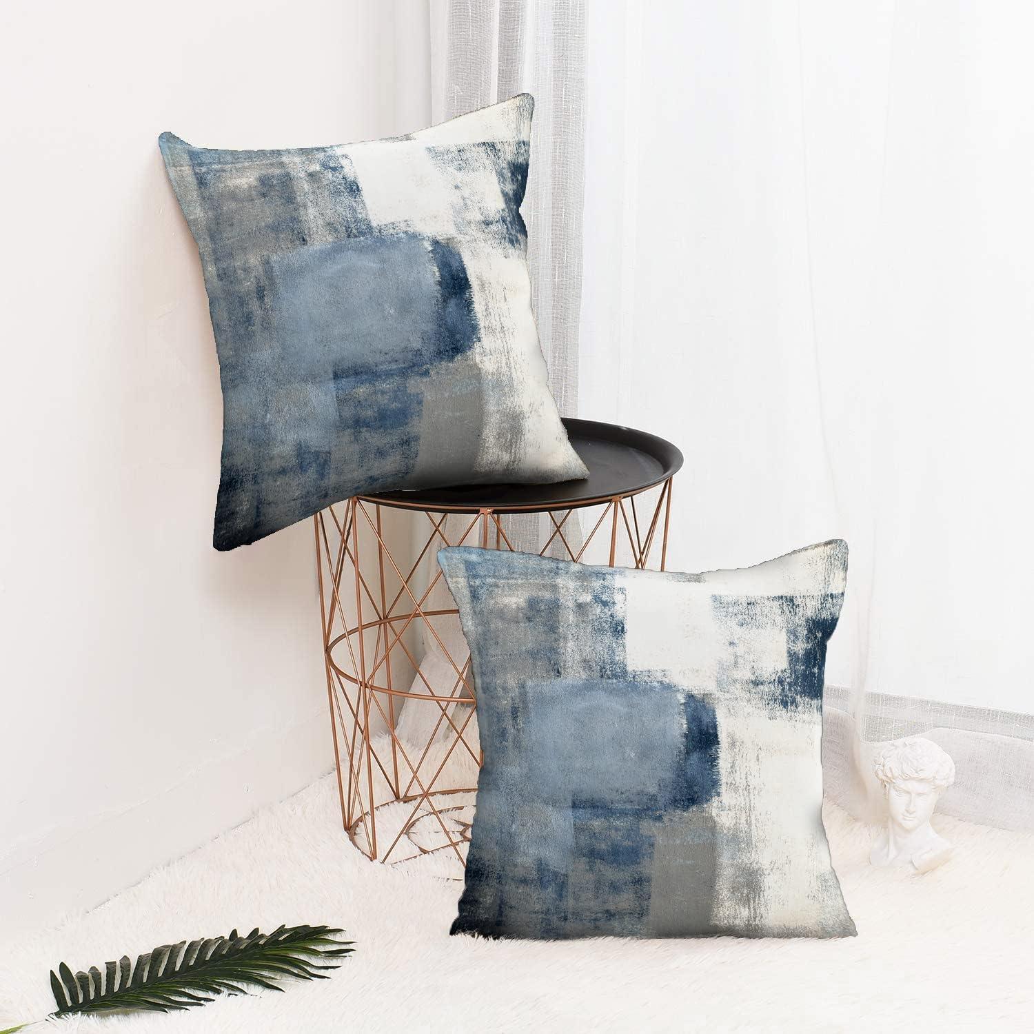 Blue and Grey Cotton Polyester Farmhouse Throw Pillow Covers 24x24, 2 Pack