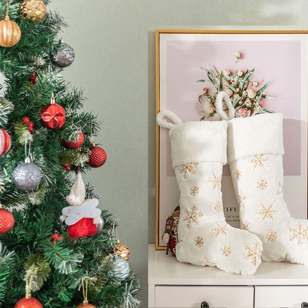 White Faux Fur Christmas Stockings with Gold Snowflakes, 22 Inches