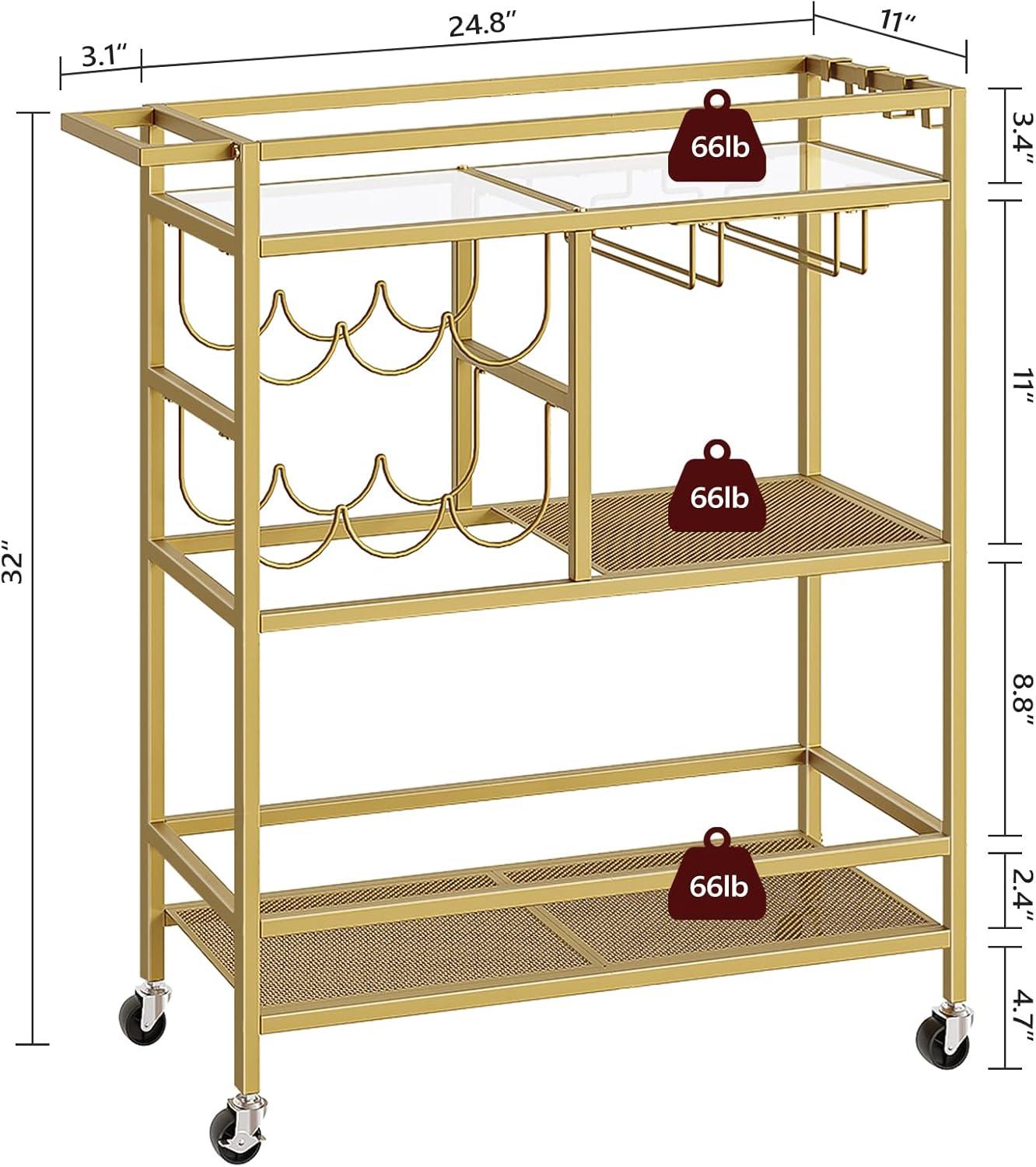 Bar Cart for Home, 3-Tier Serving Cart with Wheels and Handle, Beverage Cart with Wine Rack and Glass Holders, Rolling Wine Cart for Kitchen, Dining Room, Gold RCJ61B01