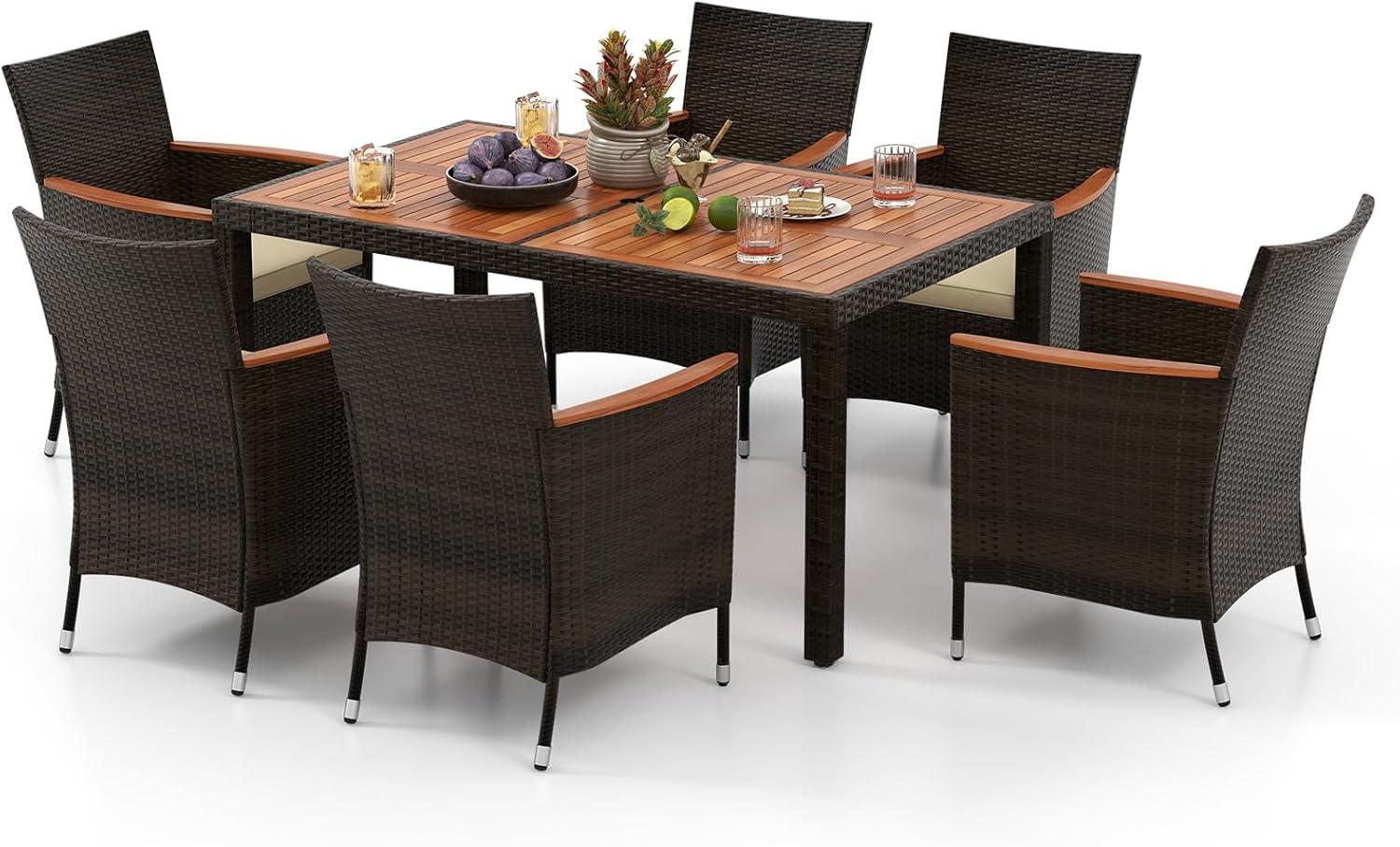 7 Piece Patio Dining Set, PE Rattan Outdoor Table And Chairs Dining Furniture Set With Stackable Armchairs & Cushions, Acacia Wood Table, For Backyard