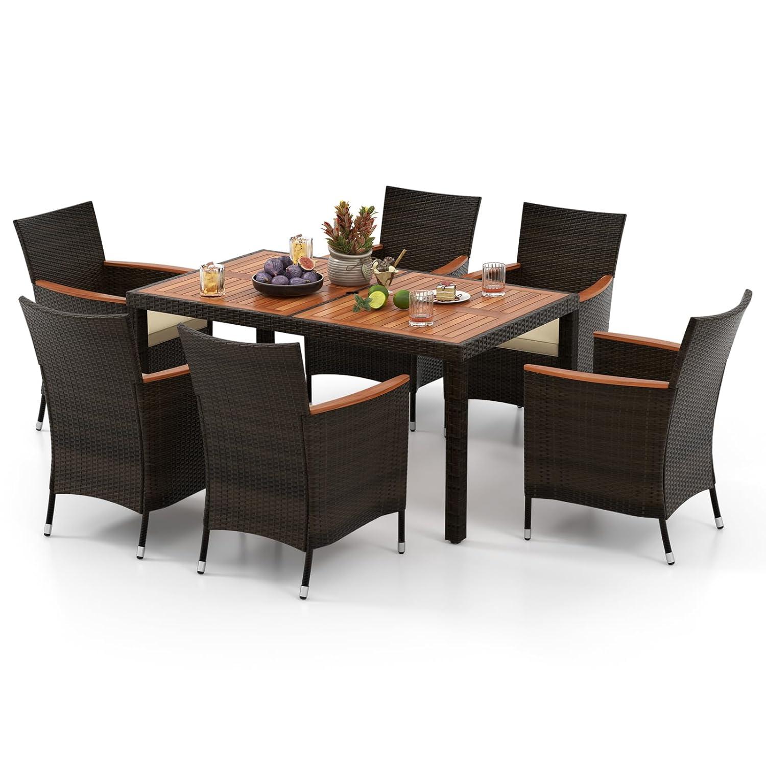 7 Piece Patio Dining Set, PE Rattan Outdoor Table And Chairs Dining Furniture Set With Stackable Armchairs & Cushions, Acacia Wood Table, For Backyard