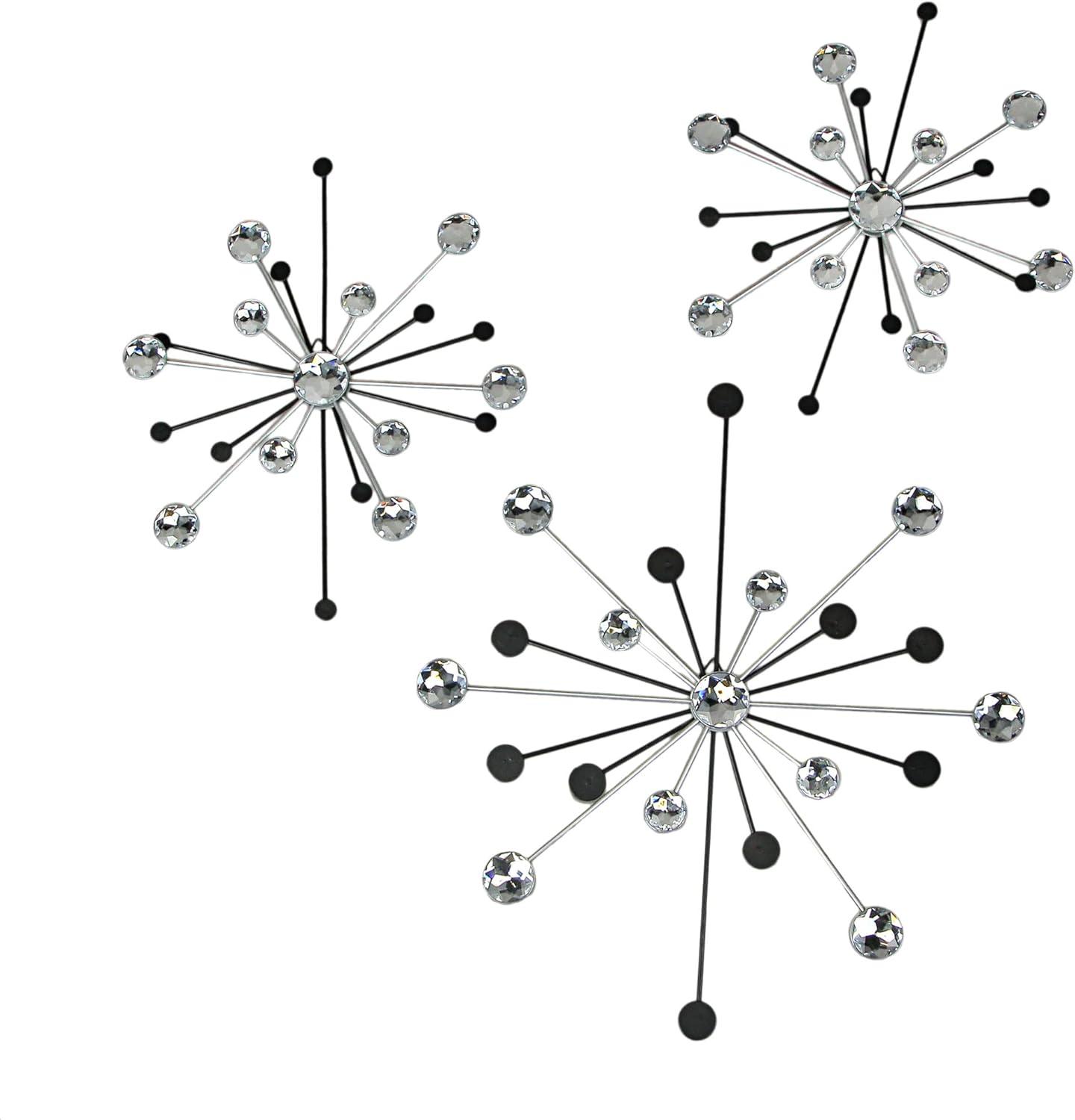 Zeckos Black Silver Metal Jeweled Atomic Starburst Wall Décor Set of 3