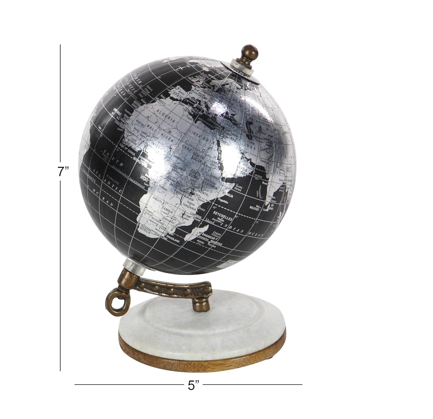 DecMode 5" Small Black World Map Globe with Silver Continents and White Marble Base