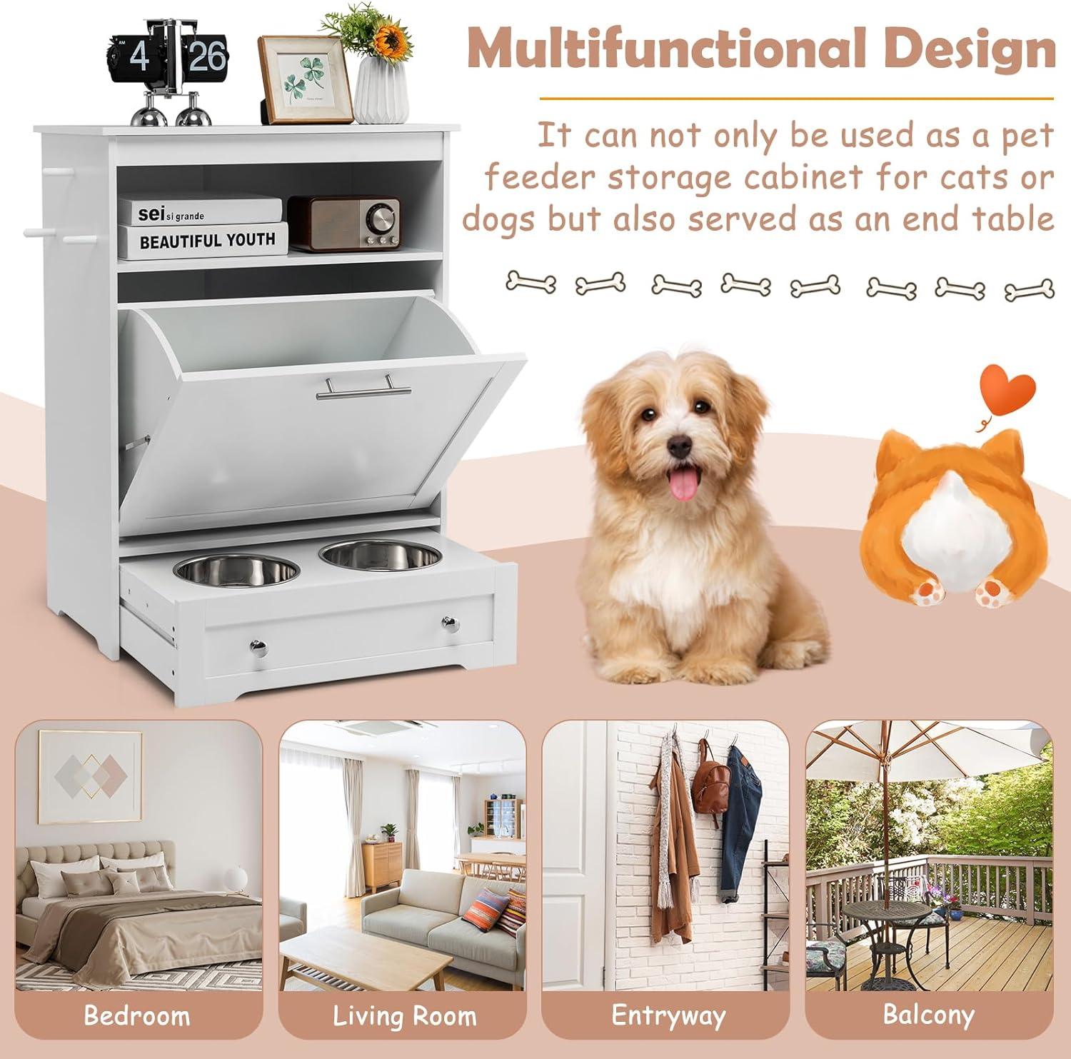 Tangkula Pet Feeding Station Furniture w/ Double Pull Out Dog Bowl Food Cabinet