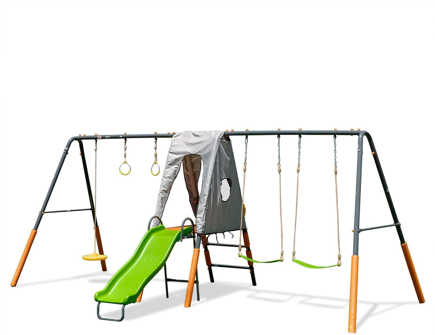 Jungle Warrior Jaguar Metal Swing Set with Standing Swing and Gymnastics Rings