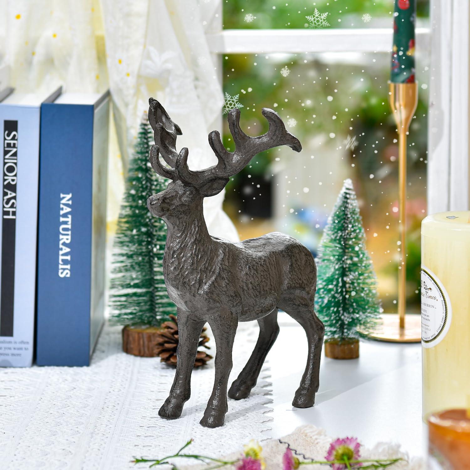 Sungmor Cast Iron Deer Statue, Christmas Reindeer Figurine, Rustic Brown Heavy Standing Elk Vintage Home Decor Sculpture, Indoor Outdoor Shelf Tabletop Holiday Decorations