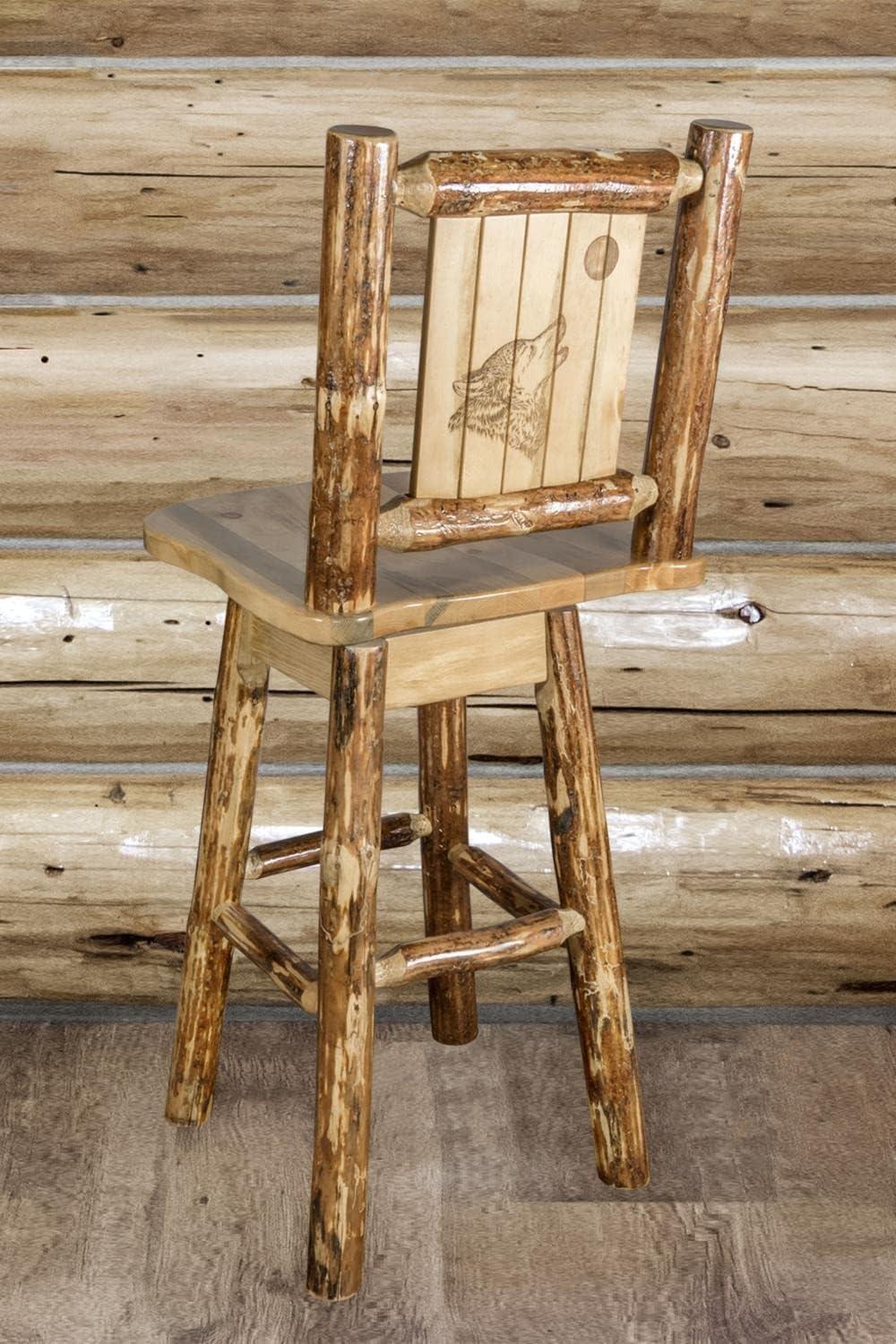 Rustic Lodge Pole Pine Swivel Barstool with Laser-Engraved Wolf