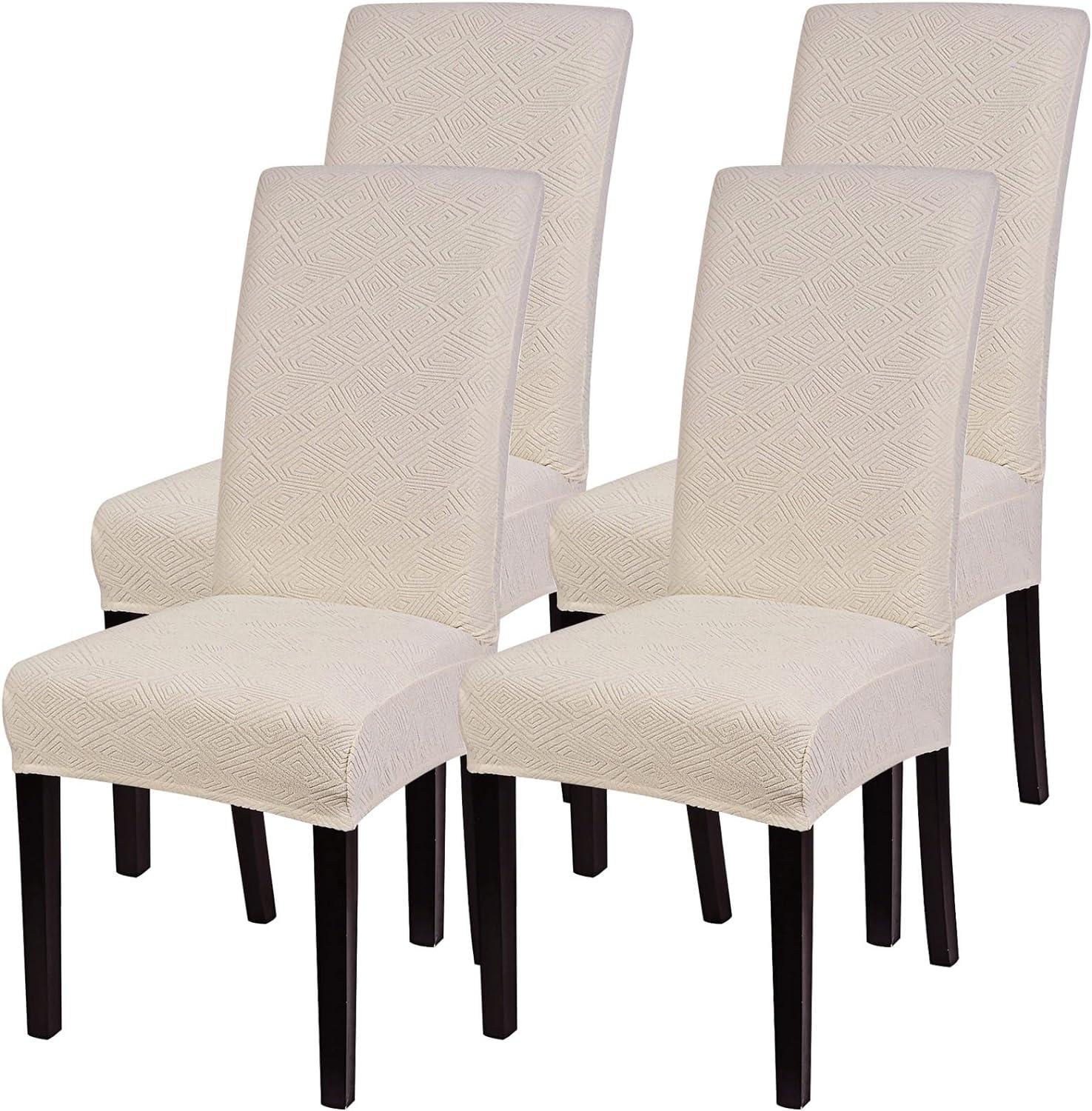 Beige Stretch Jacquard Dining Chair Covers, Set of 4