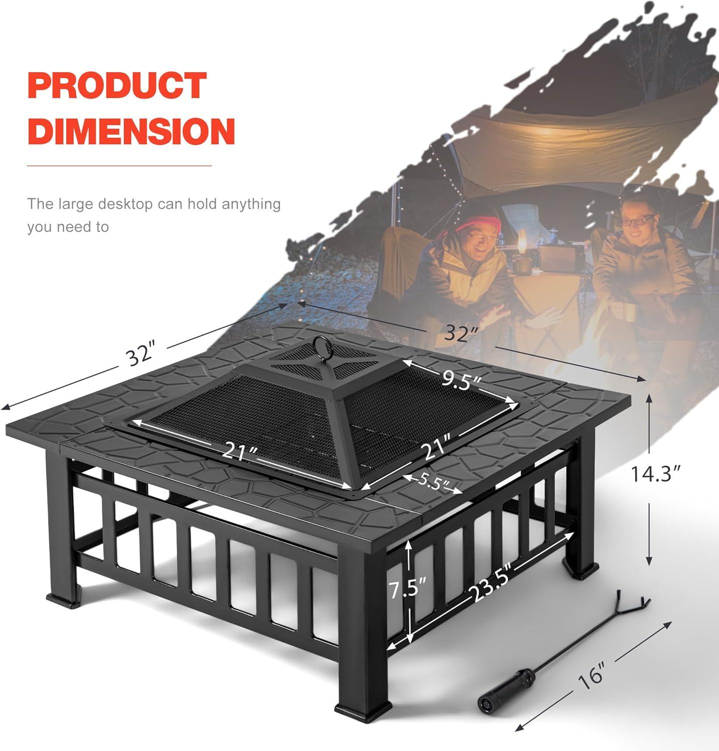 Black Steel 32'' Square Multi-Functional Fire Pit Table