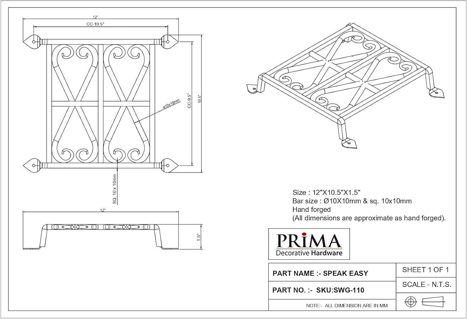 Prima Black Powder Coated Iron Speakeasy Grille 12"x10.5"