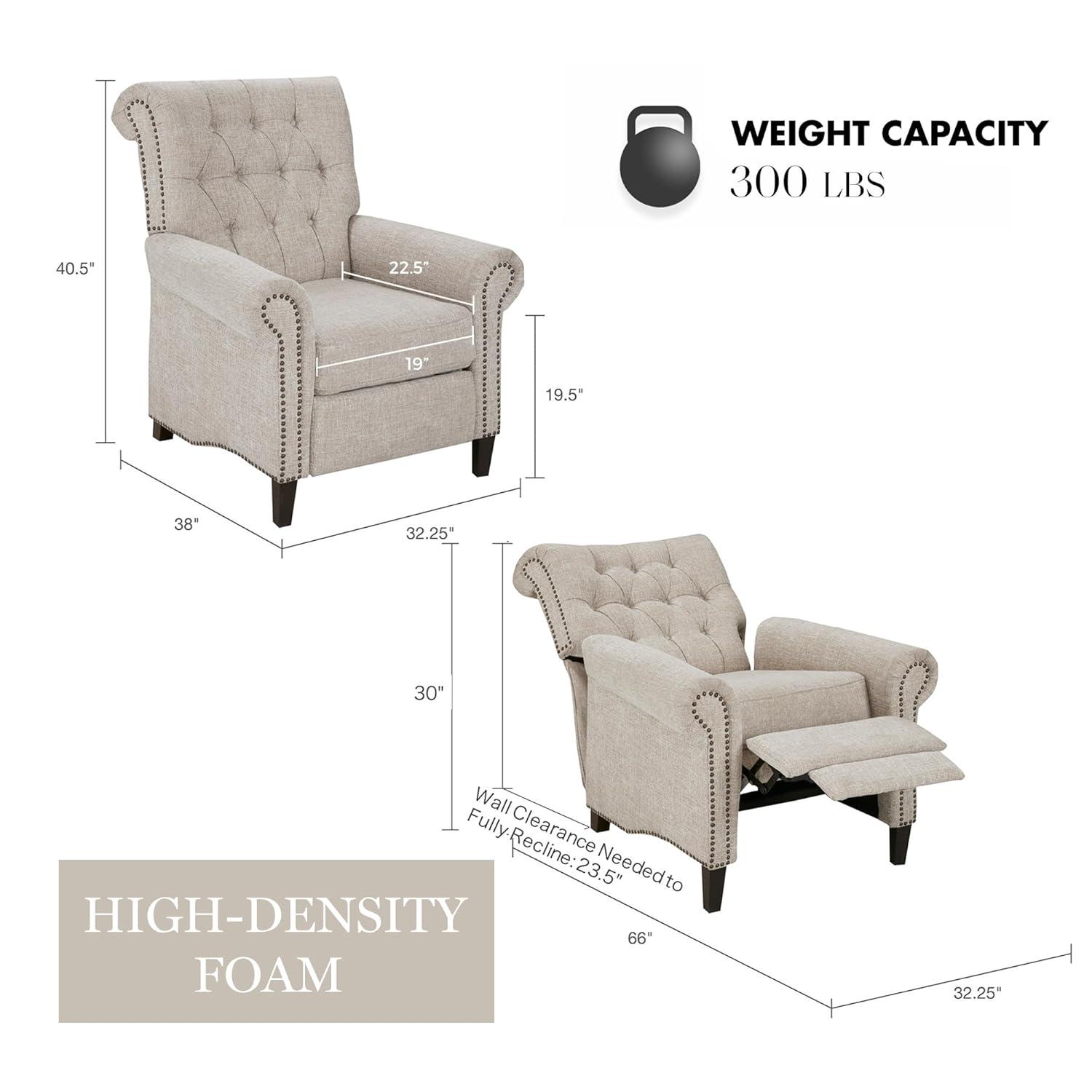 Madison Park Zak Recliner Chair Cream : Polyester Upholstery, Wood Legs, Foam Fill, Spot Clean