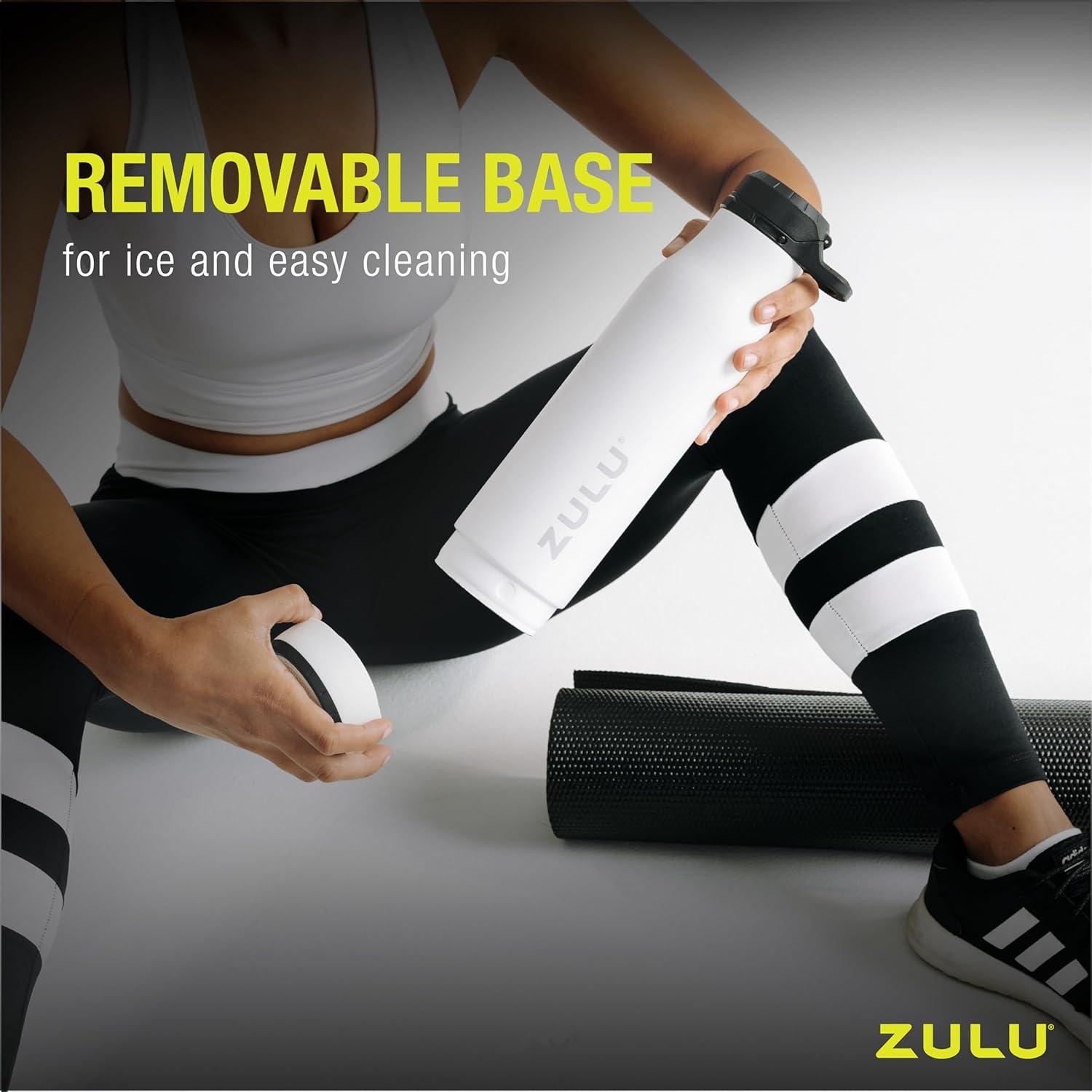 ZULU Ace Vacuum Insulated Stainless Steel Water Bottle with Removable Base - Leak Proof Lid - Antimicrobial Spout, 24 oz, White