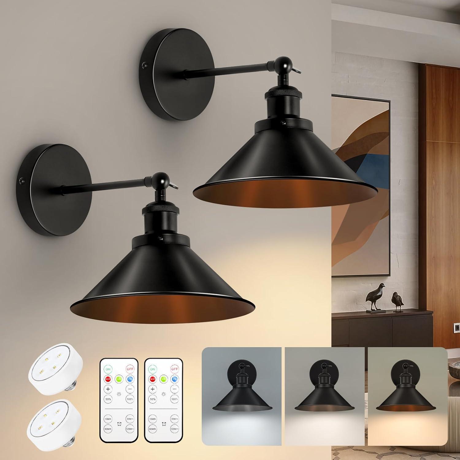 Battery Operated Wall Sconce Decor Set of 2, Black Wireless Wall Sconces with Remote, Dimmable Vintage Led Wall Lights, Wall Lamp for Bedroom Farmhouse Gallery