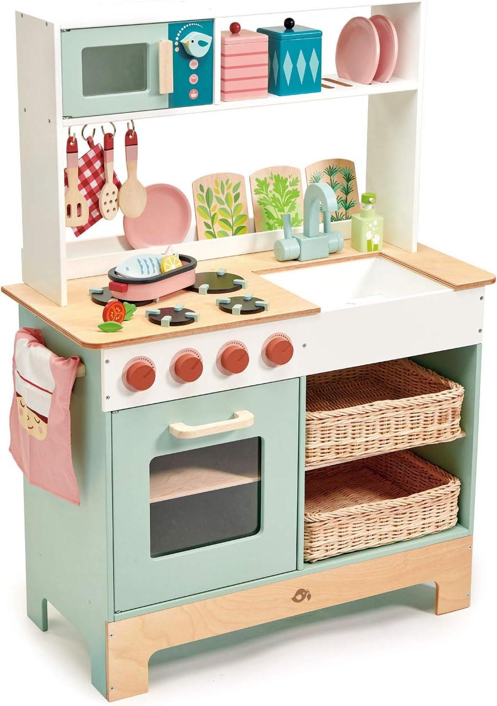 Pastel Wooden Play Kitchen Set with Wicker Baskets