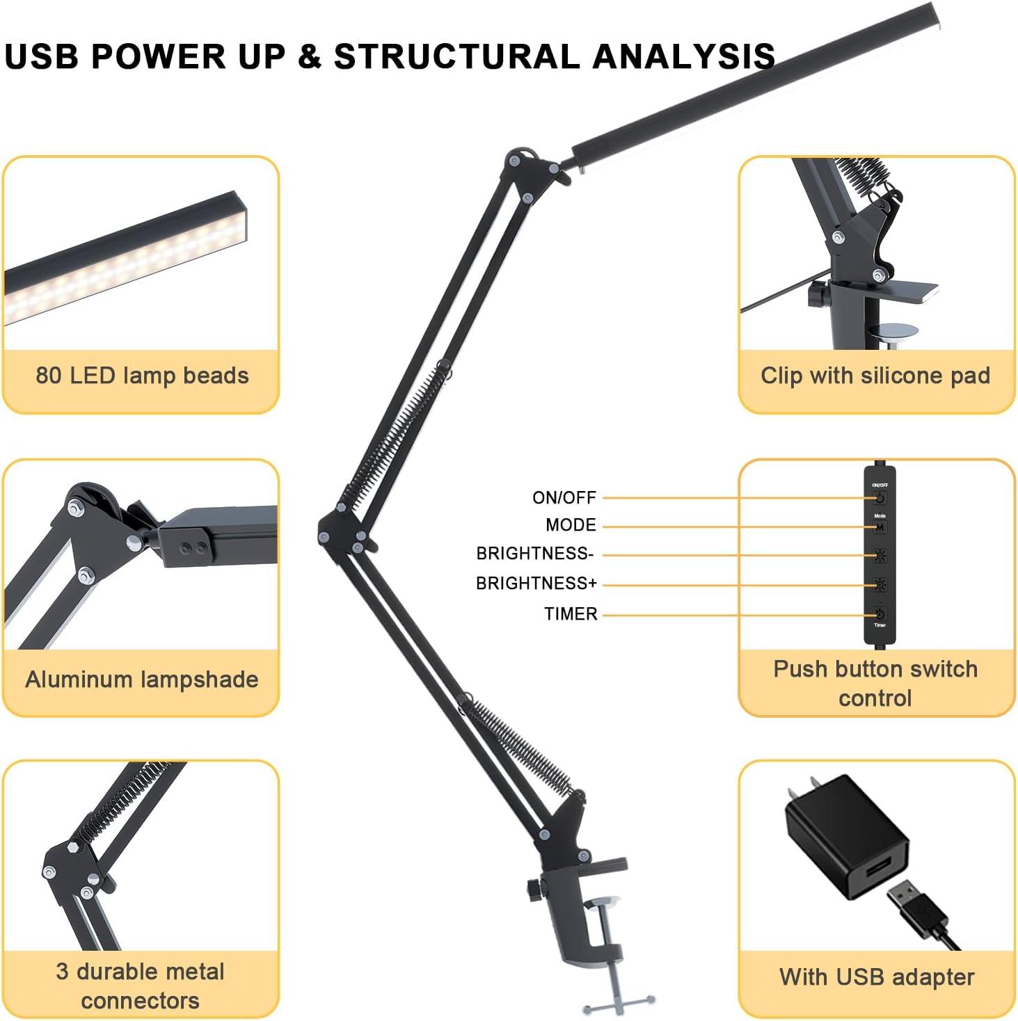 LED Desk Lamp, Swing arm Desk Light with clamp, 3 Lighting 10 Brightness Eye-Caring Modes, Reading Desk Lamps for Home Office 360 Degree Spin with USB Adapter & Memory Function black-14W
