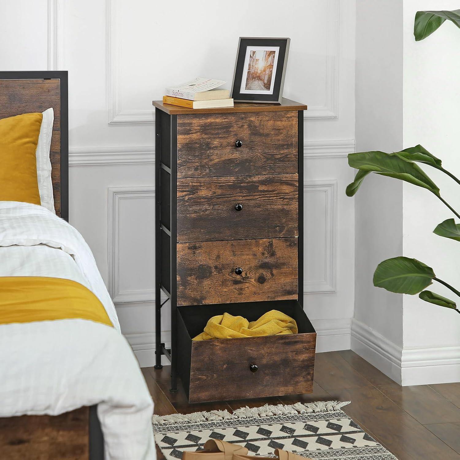 Rustic Brown and Black 4-Drawer Fabric Dresser with Wooden Top