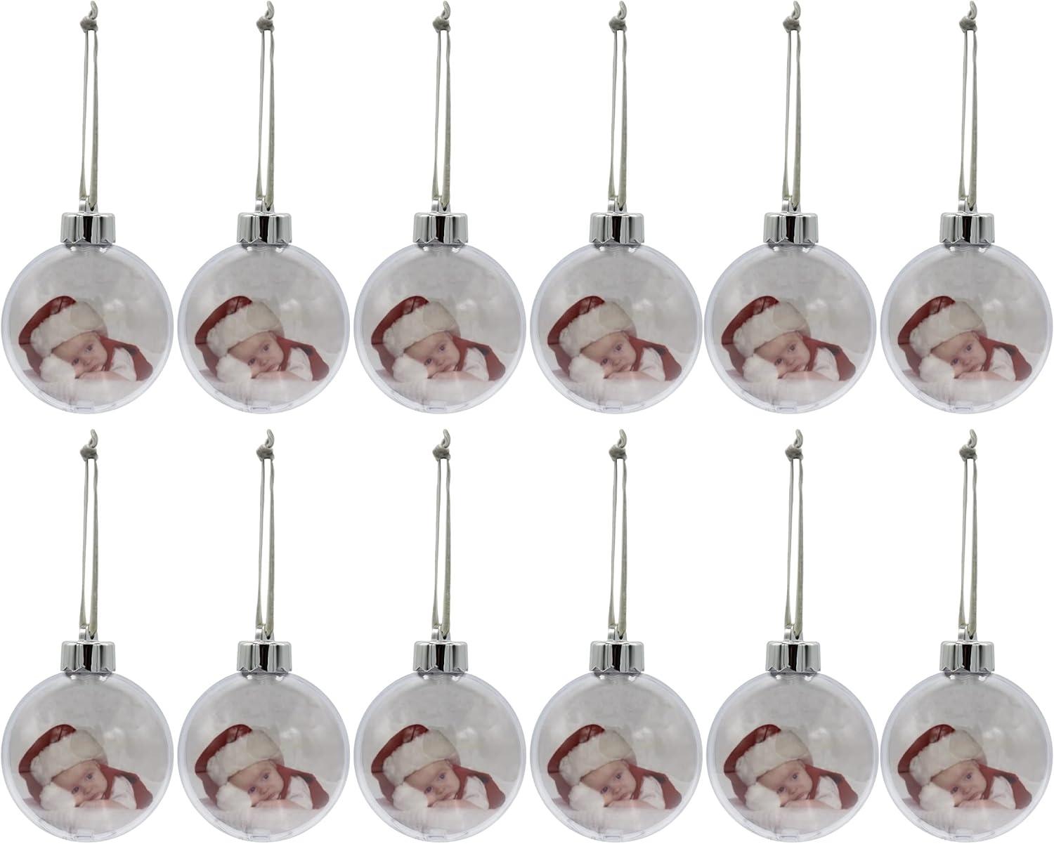 Creative Hobbies Clear Acrylic Photo Ornament Christmas Ball, 80mm (3.15 Inch), with Silver Cap, Hanger Cord, Photo Template - Pack of 12