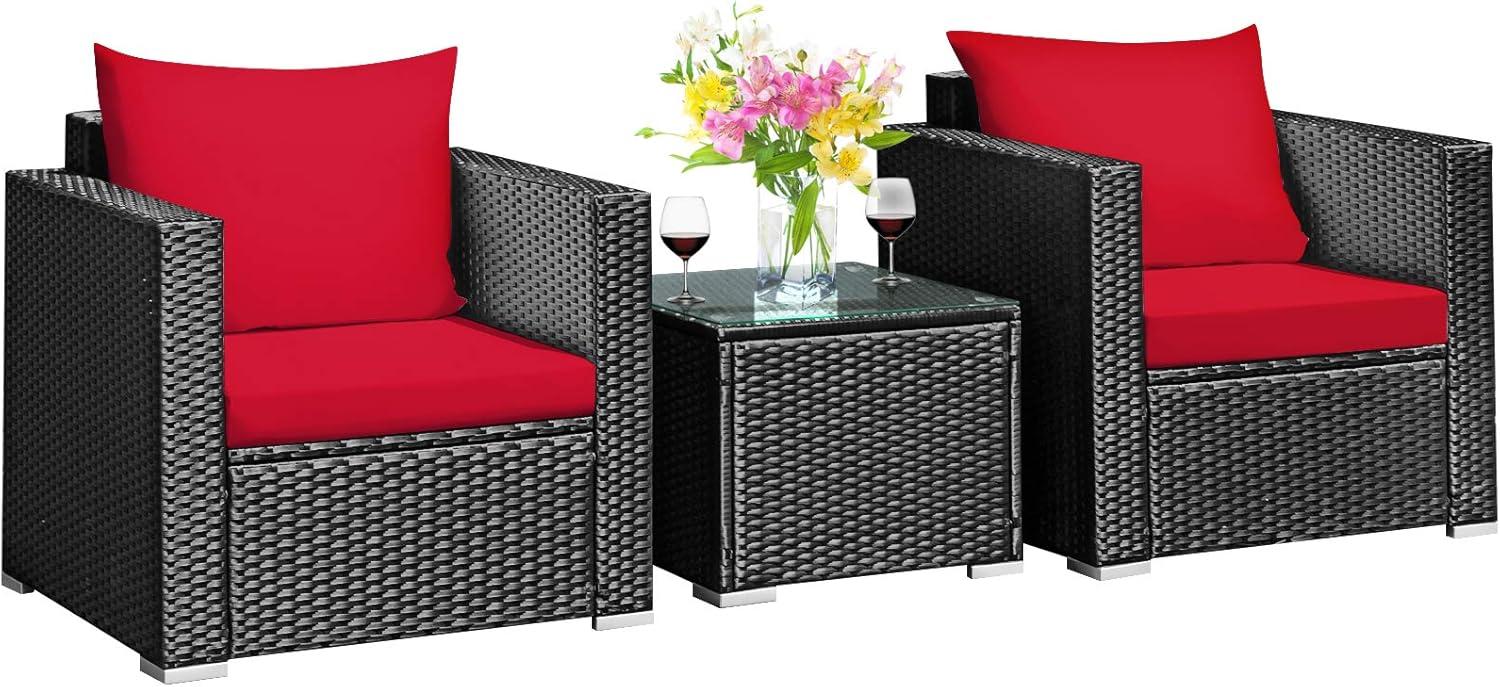 Costway 3PCS Patio Rattan Wicker Furniture Set Sofa Table W/Cushion Yard Red