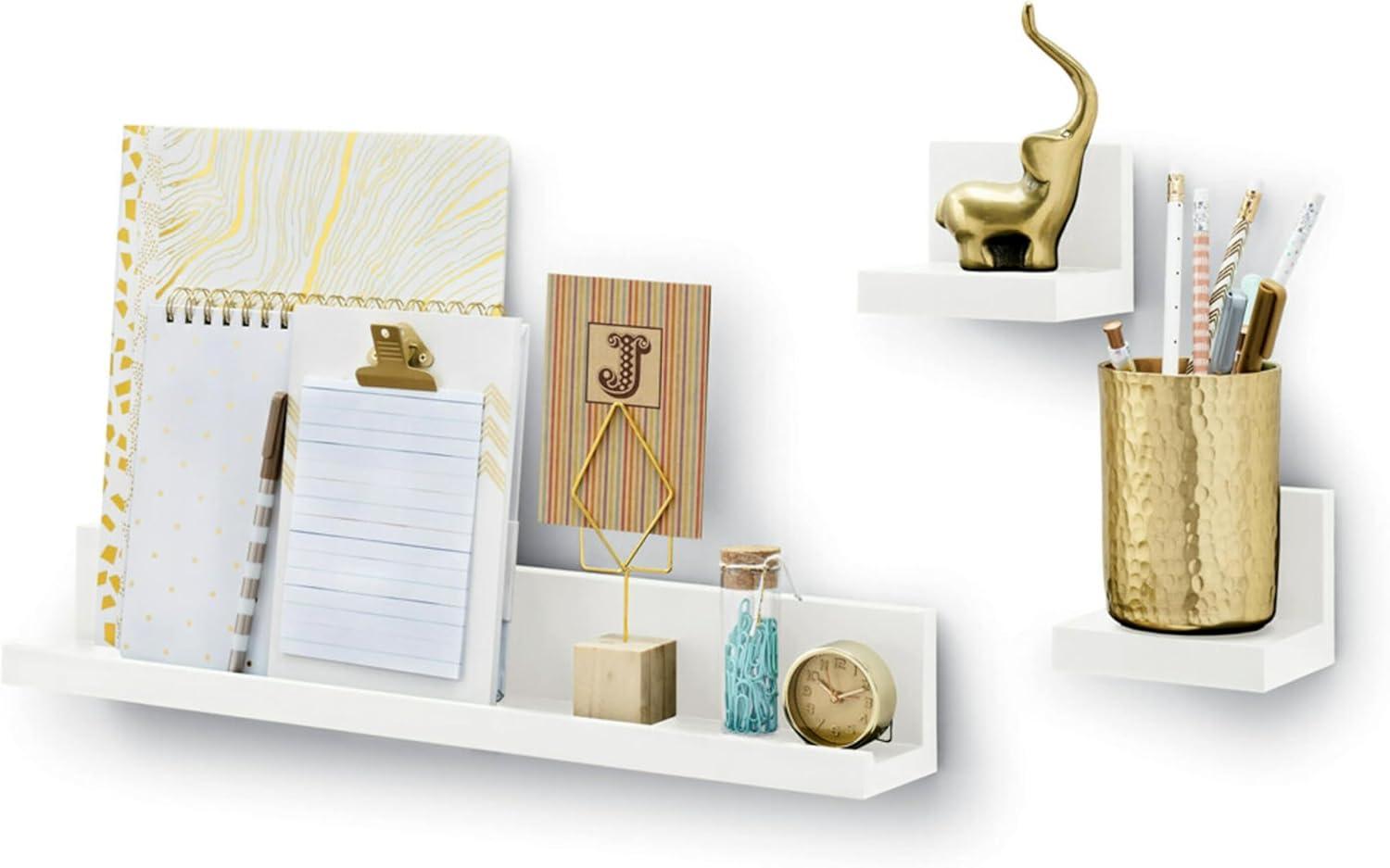 Command Display Ledges White: Floating Wall Shelf Set, 2 Picture Ledges, Off-White, Plastic, No Tools Needed