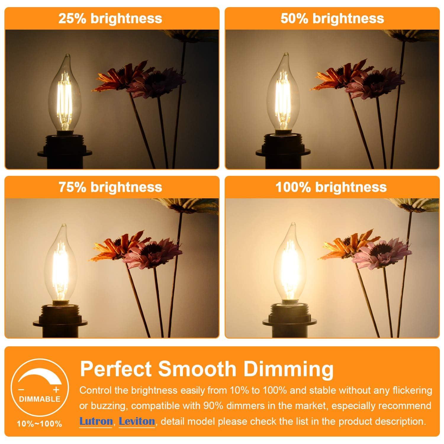 Dimmable E12 Candelabra LED Bulbs 60 Watt Equivalent, 2700K Warm White, Clear Filament LED Chandelier Light Bulbs 6W, 600lm, CA11 Vintage Ceiling Fan Light Bulb with Flame Tip, 12-Pack