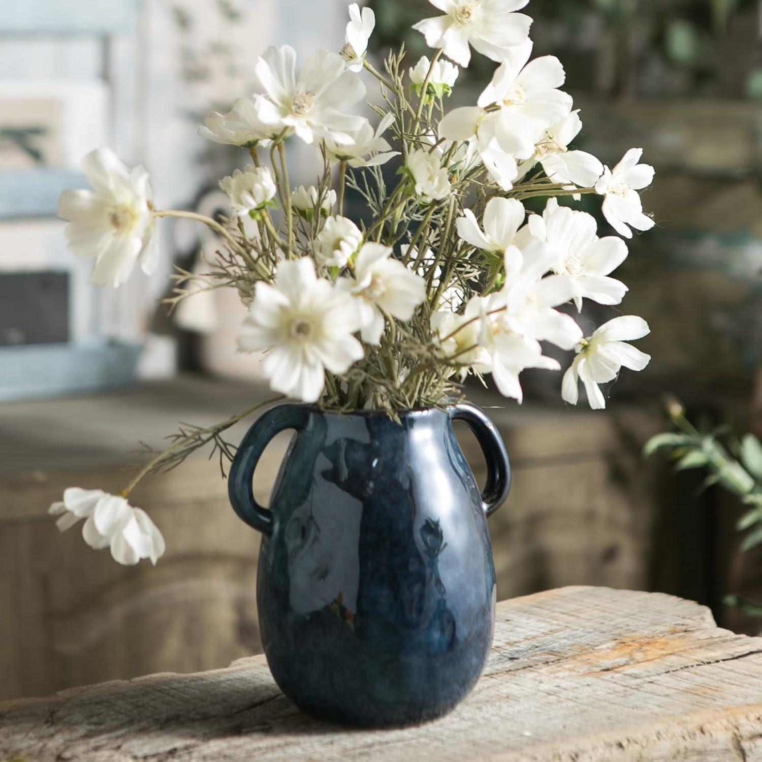 Blue Ceramic Round Vase with Handles for Table Decor