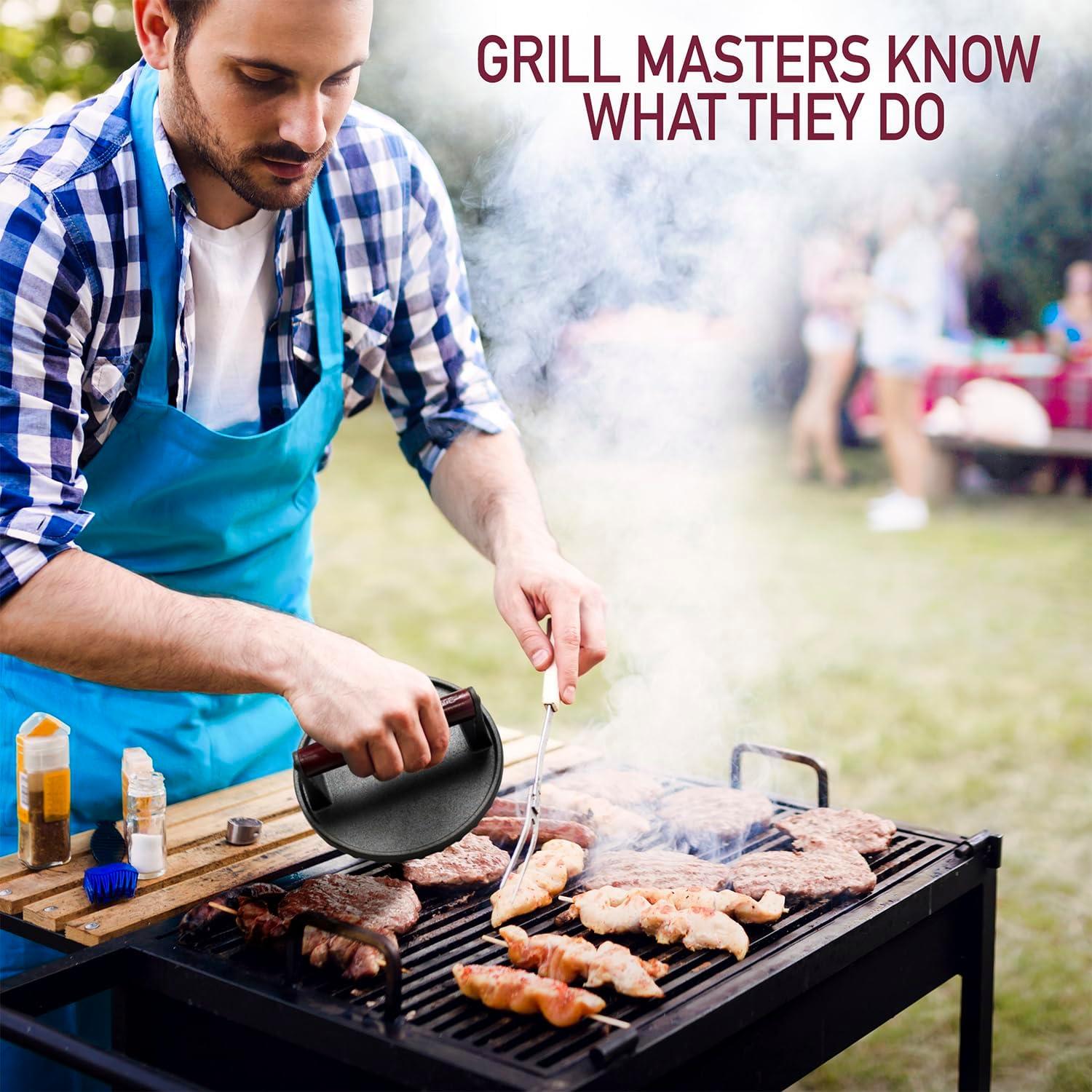 Rectangular and Round Cast Iron Grill Press with Red Wood Handle