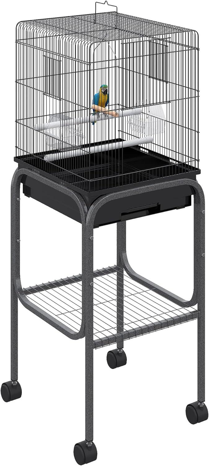 PawHut 44.5" Metal Indoor Bird Cage Starter Kit With Detachable Rolling Stand, Storage Basket, And Accessories - Black