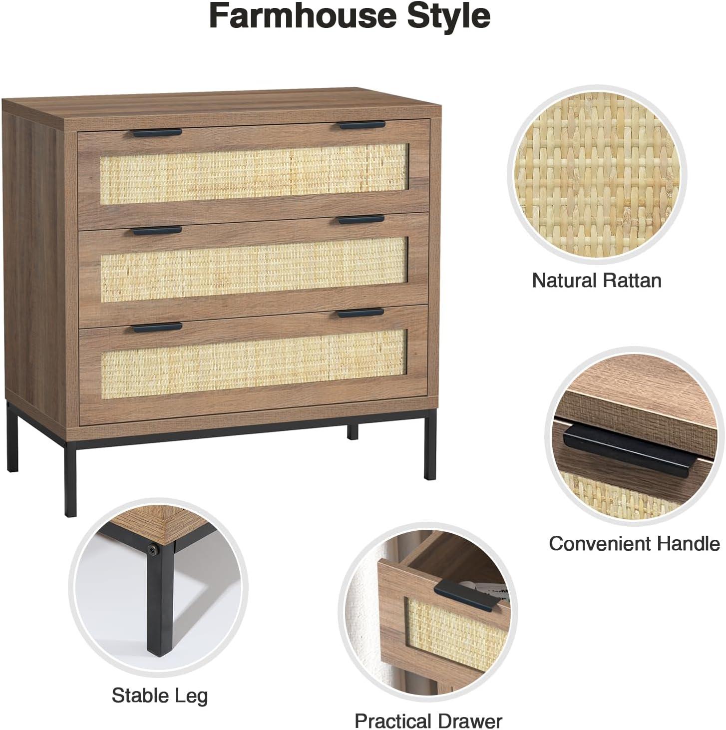 Anmytek 3 Drawer Cabinet for Bedroom, Oak Rattan Cabinet Closet Cabinet Chest of Drawers, Wood Cabinet 3 Drawer Storage Chest for Bedroom, Hallway, Nursery