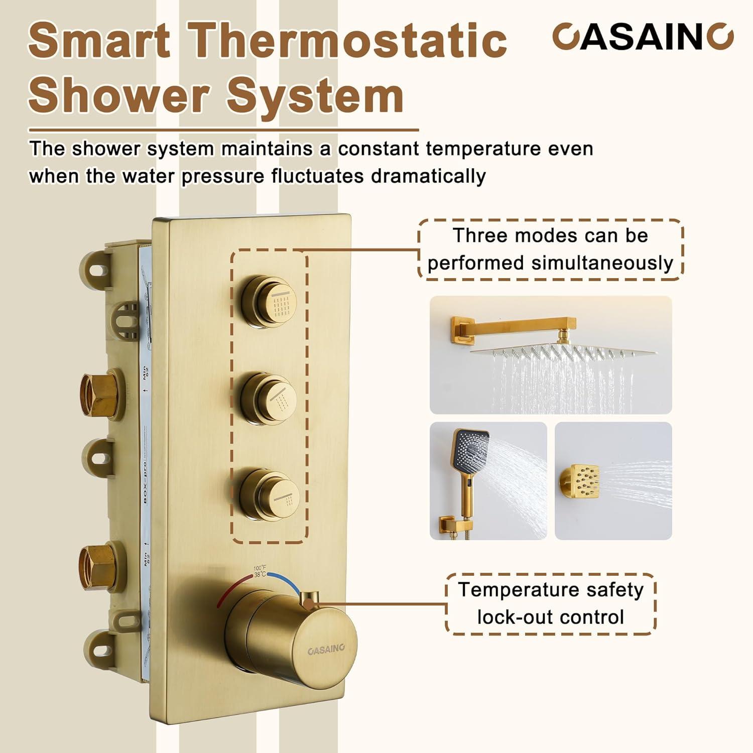 3 Functions 12 Inch Wall Mount Thermostatic Shower System with 6 Body Jets