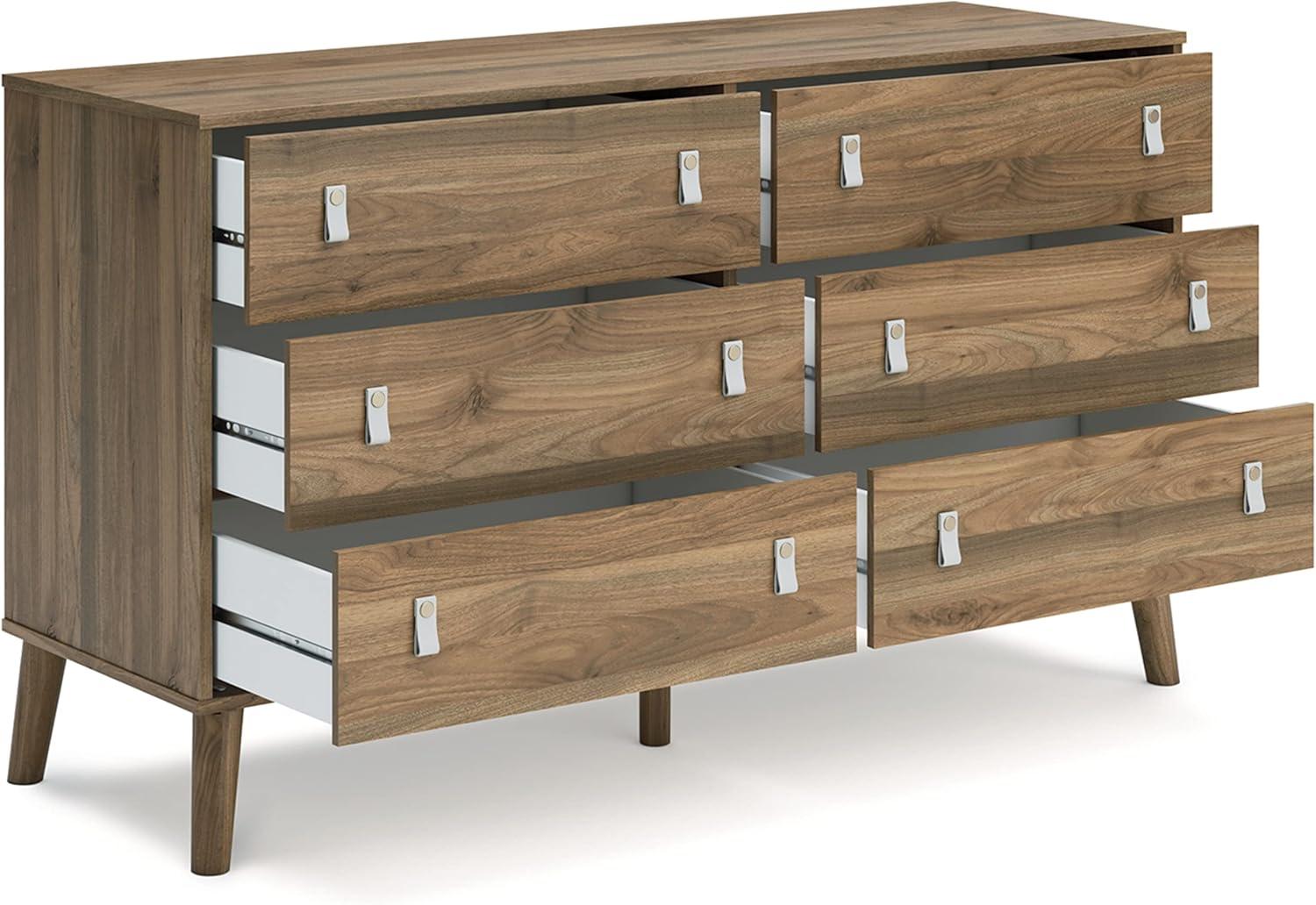 Honey Brown 6-Drawer Dresser with Faux Leather Pulls