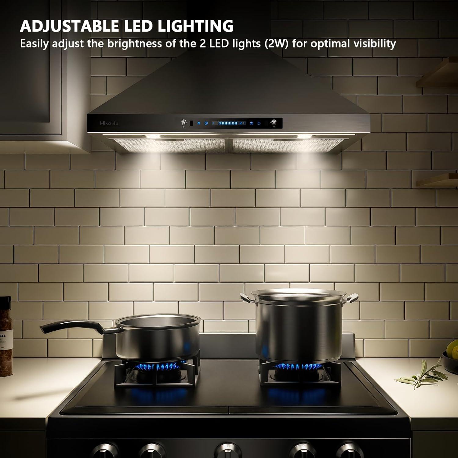 HisoHu Wall Mount Range Hood with Ducted/Ductless Convertible Duct, 30 Inch 780 CFM Stainless Steel Vent Hood, 4 Speed Gesture Sensing Exhaust Hood with Dimmable LED lights(A02-30")