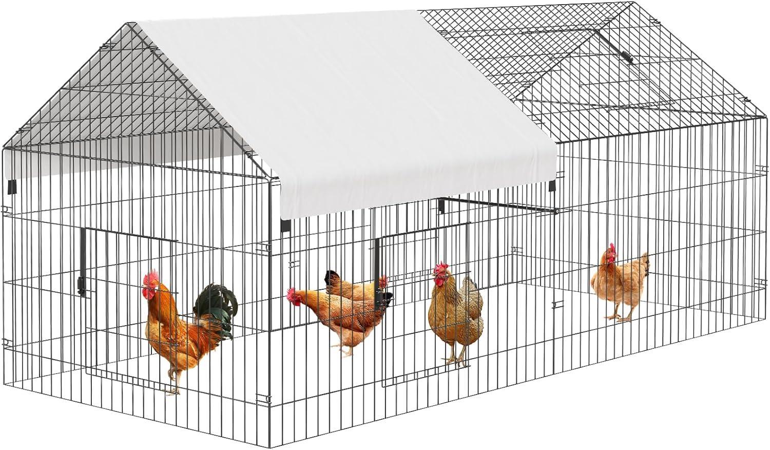 Metal Chicken Coop, 86 x 40 x 40 Inch Chicken Run for Yard with Waterproof Cover, Outdoor Portable Chicken Pen with 4 Doors, 1 Window, Chicken House for Small Animals Duck, Rabbit, Hen