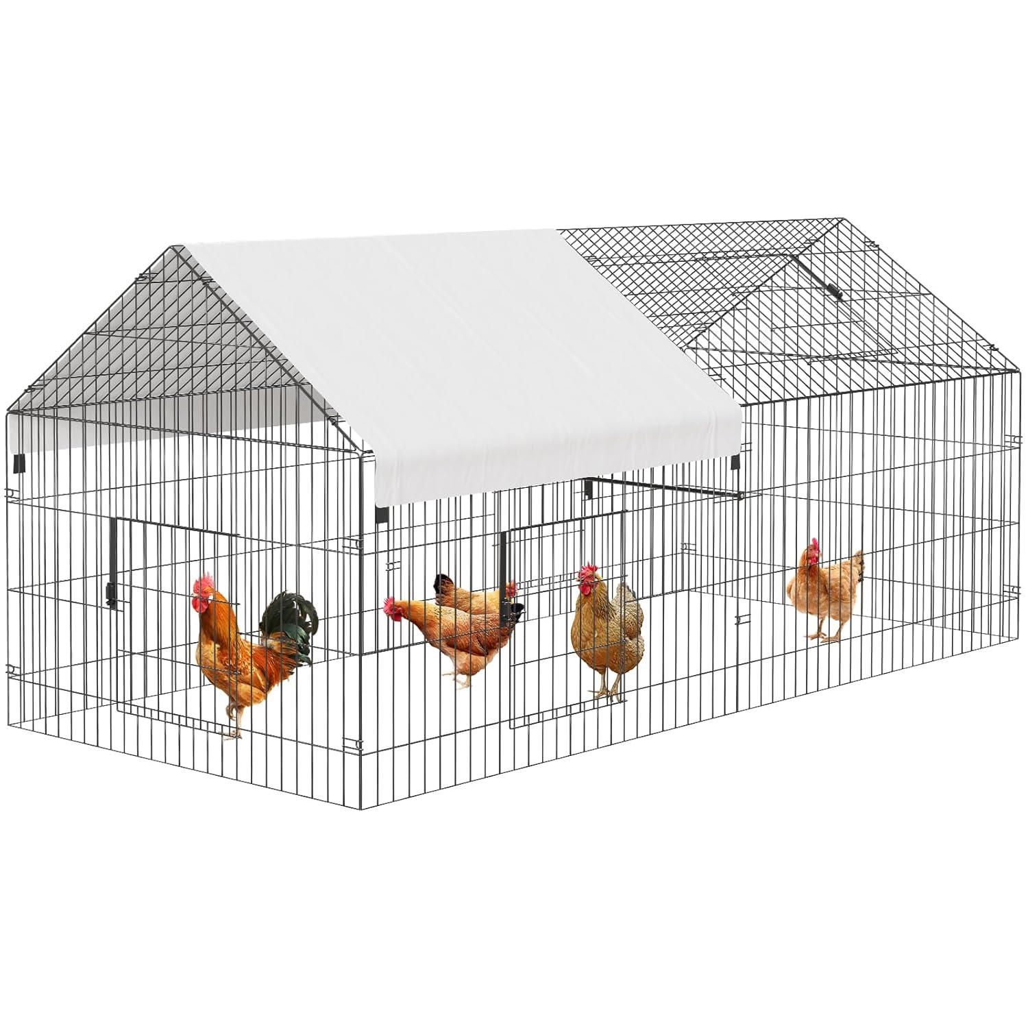 Metal Chicken Coop, 86 x 40 x 40 Inch Chicken Run for Yard with Waterproof Cover, Outdoor Portable Chicken Pen with 4 Doors, 1 Window, Chicken House for Small Animals Duck, Rabbit, Hen