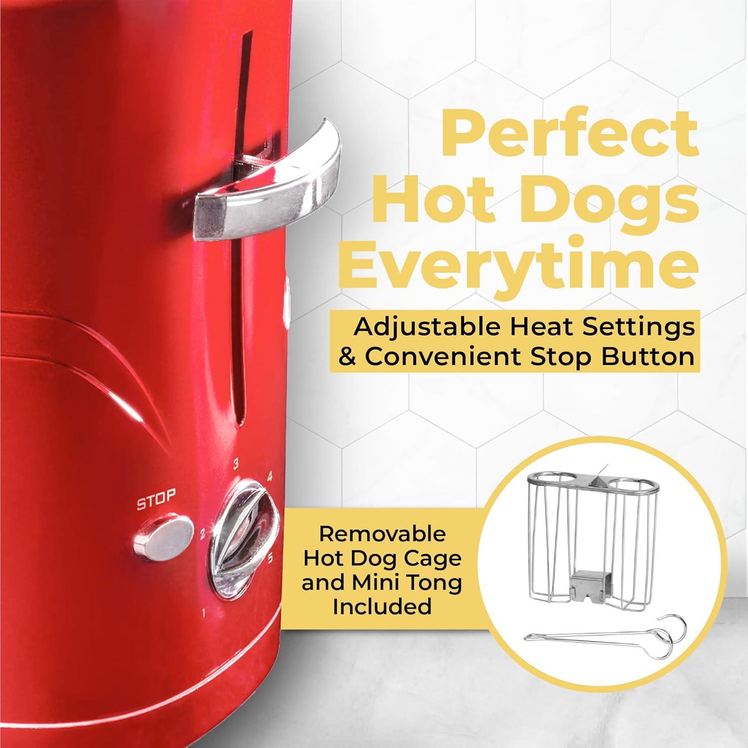 Retro Red 2-Slice Hot Dog and Bun Toaster with Mini Tongs