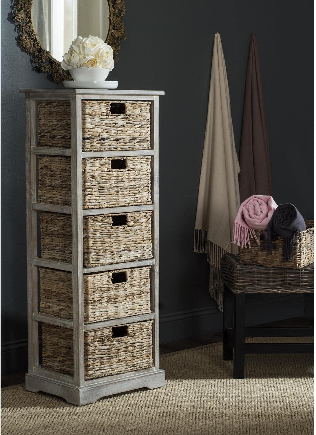 Vedette Gray Pine 5-Drawer Wicker Basket Storage Tower