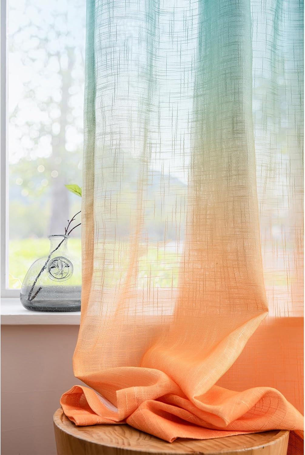 Melodieux Linen Textured Ombre Semi Sheer Curtains for Bedroom Living Room Kids Nursery Sunset Rod Pocket Gradient Drapes, Orange Green Teal Turquoise Mint, 52 x 63 Inch (2 Panels)