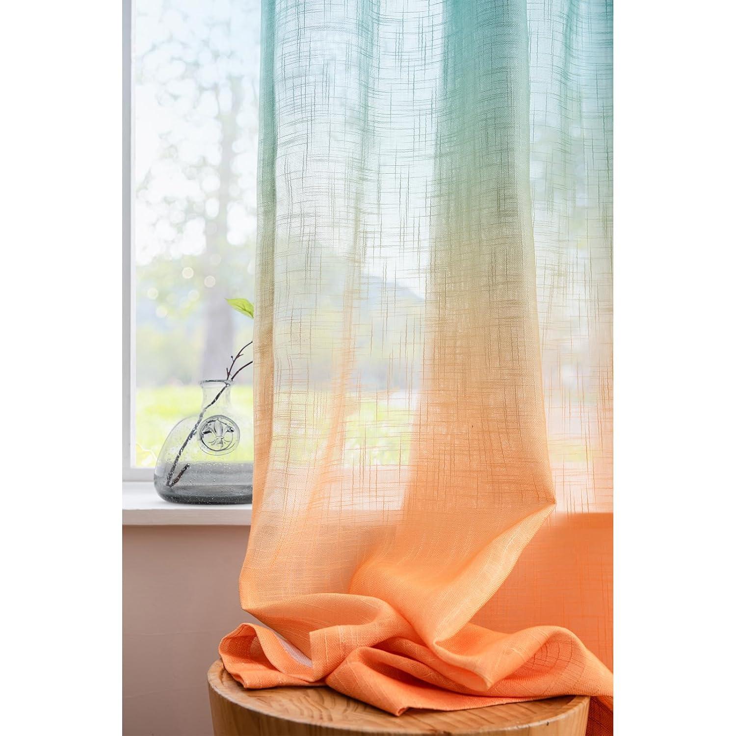 Melodieux Linen Textured Ombre Semi Sheer Curtains for Bedroom Living Room Kids Nursery Sunset Rod Pocket Gradient Drapes, Orange Green Teal Turquoise Mint, 52 x 63 Inch (2 Panels)