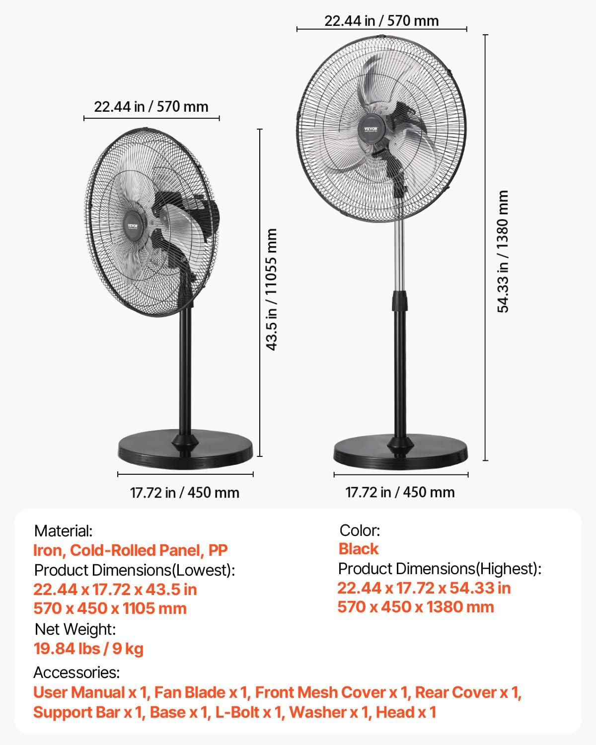 Vevor GYLSFS16INCH0LFIYV1 16 in. 3-Speed Industrial Pedestal Fan Oscillating Height Adjustable - Silver
