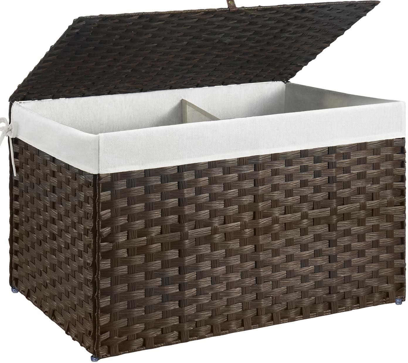 Storage Basket with Lid Wicker Baskets for Storage with 2 Separate Lid 42.3 Gallon (160 L) Rattan Storage Basket with 2 Liners and Handles Woven Storage Basket for Bedroom Laundry Brown