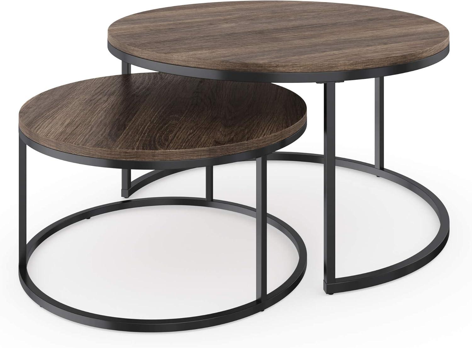 James Stella Round Modern Nesting Coffee Set of 2  Stacking Living Room Accent Tables with an Industrial Wood Finish and Powder Coated Metal Frame  Warm Nutmeg/Matte Black