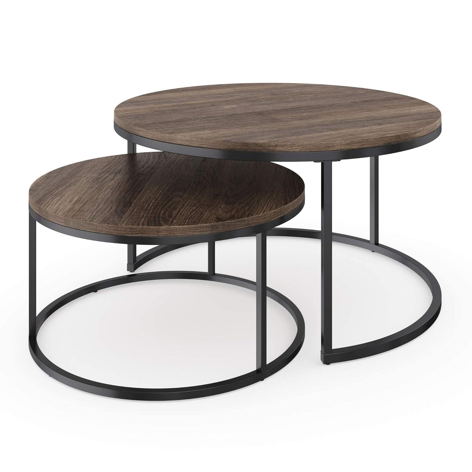 Modern Luxe Round Nesting Coffee Table Set, Glass & Marble on Gold Frame