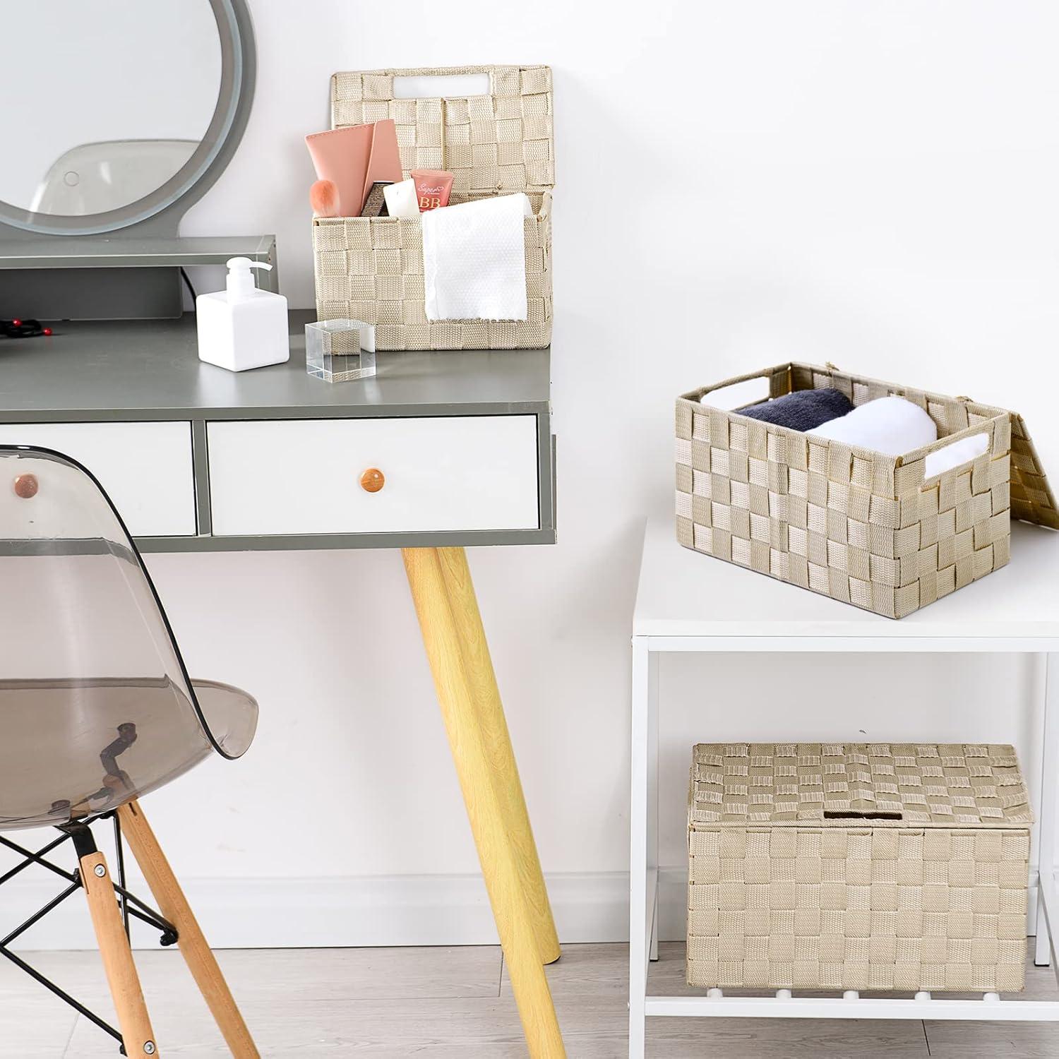 Beige Woven Square Storage Basket Set with Lids