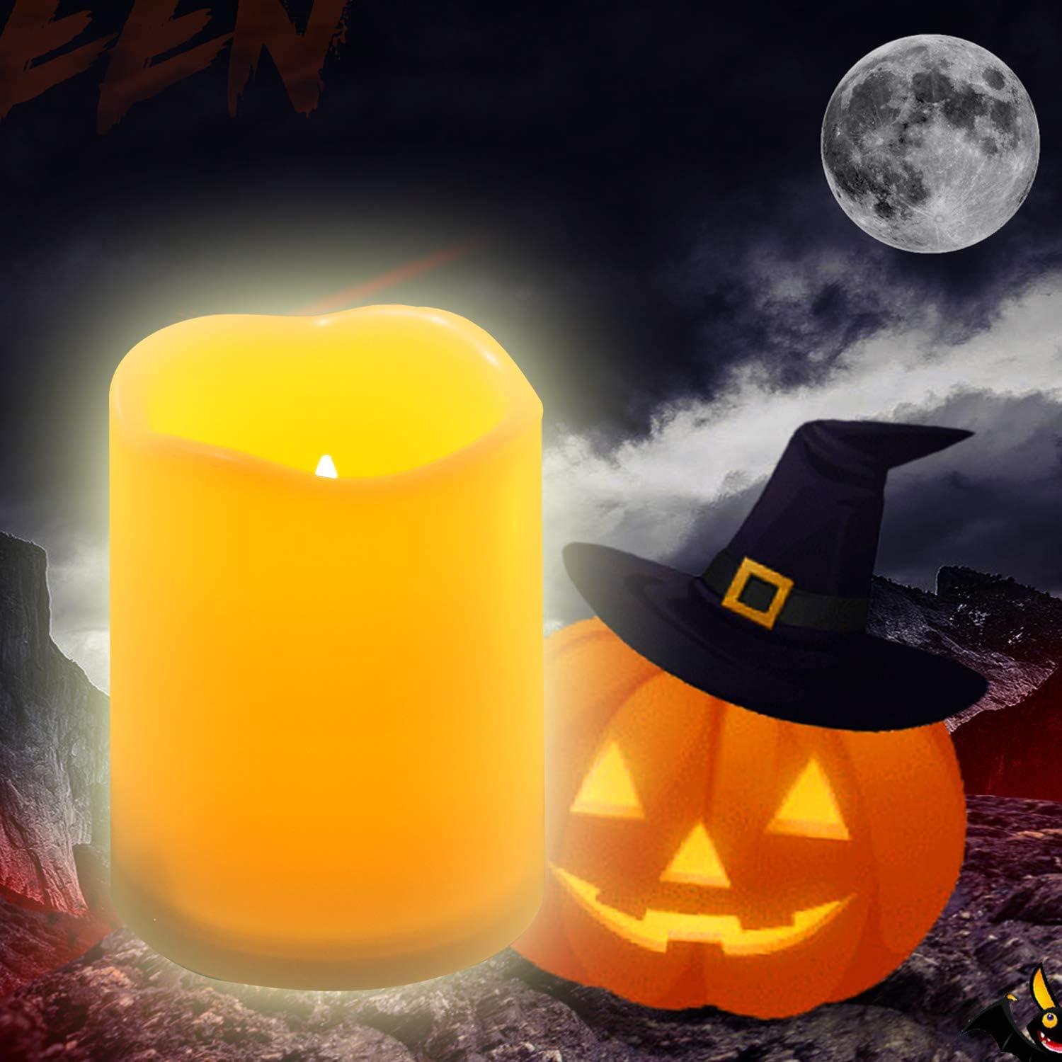 Outdoor Waterproof Flameless LED Pillar Candle with Remote and Timer Battery Operated Plastic Flickering Decorative Candle Light for Halloween Christmas Wedding Party Event Dcor Supplies 3"x 4"