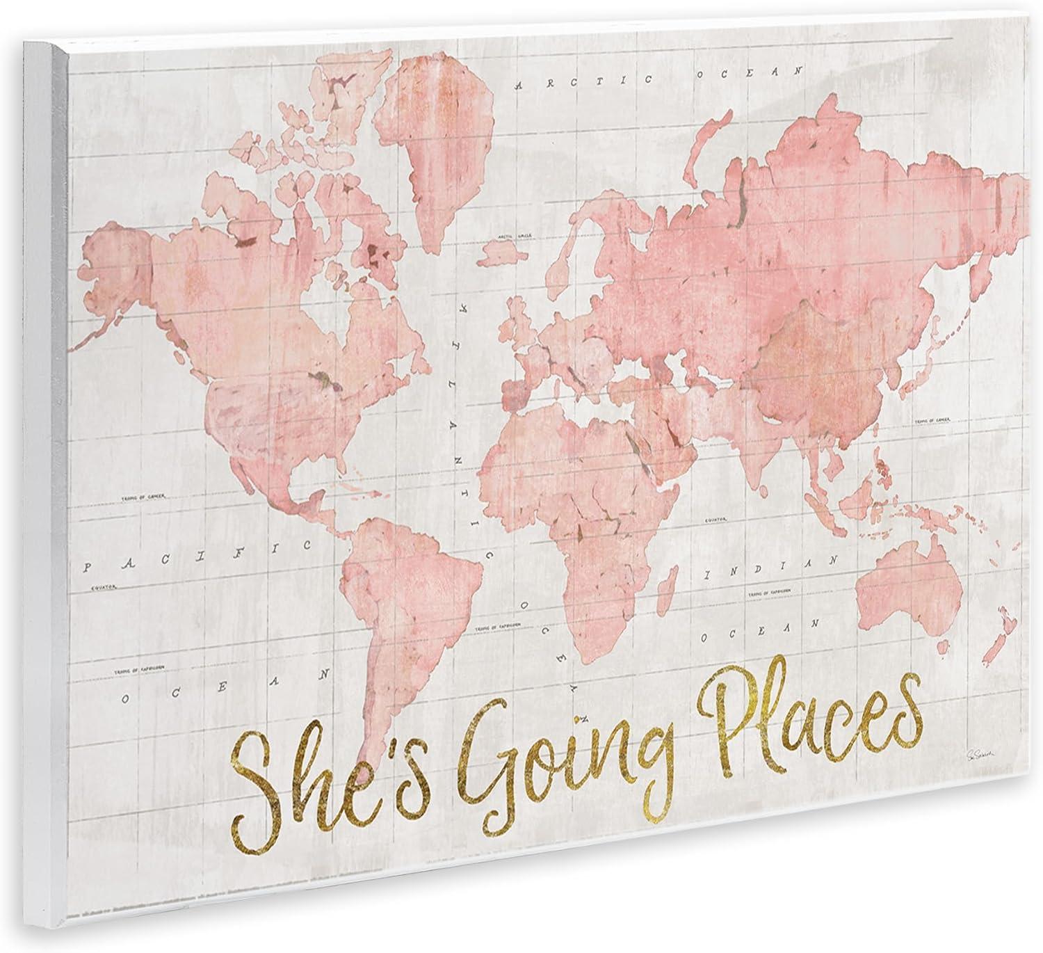 Stupell Industries She's Going Places Quote Pink Watercolor World Map by Sue Schlabach - Print